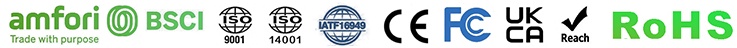 amfori BSCI, ISO, CE, FCC, UKCA, Reach and RoHS certifications