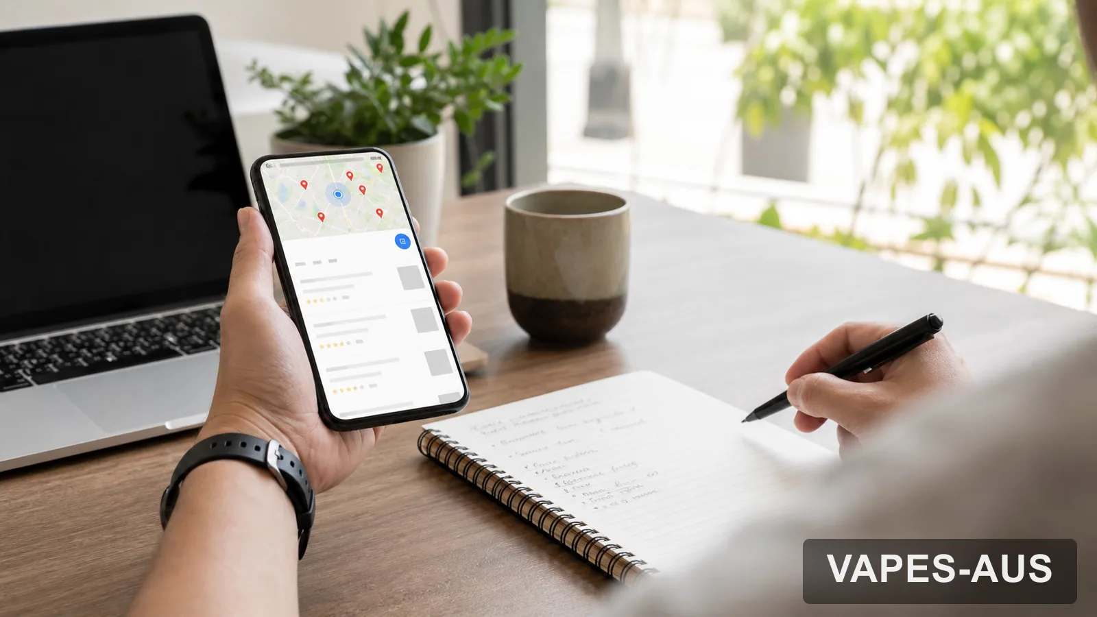 Adult checking vape shop near me search results on a phone with VAPES-AUS watermark