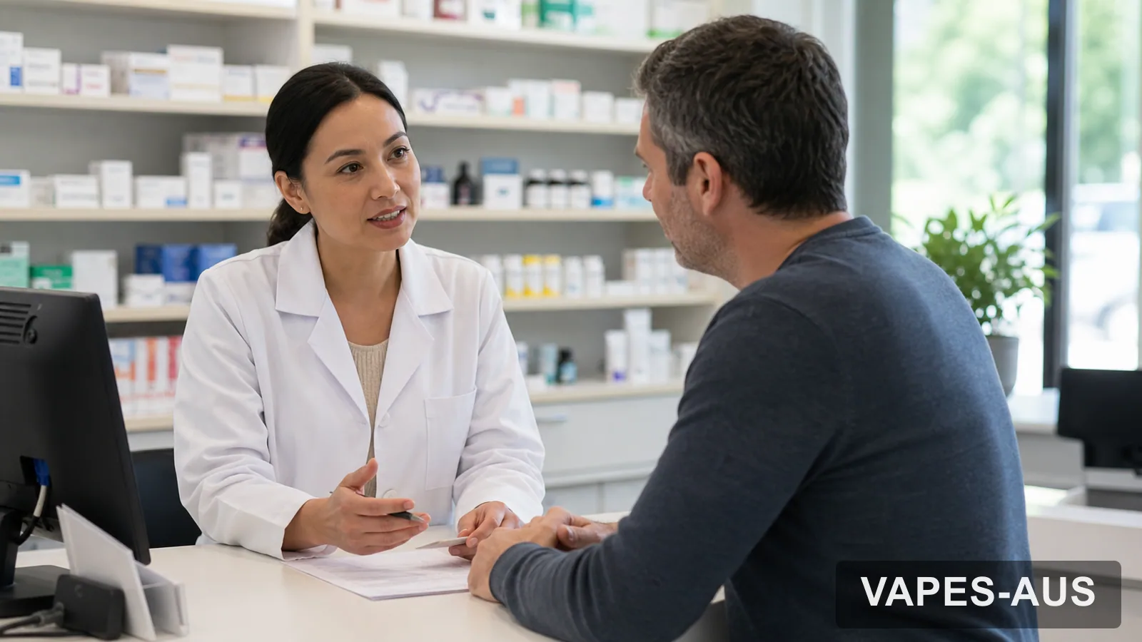 Adult speaking with a pharmacist about vaping questions in Australia