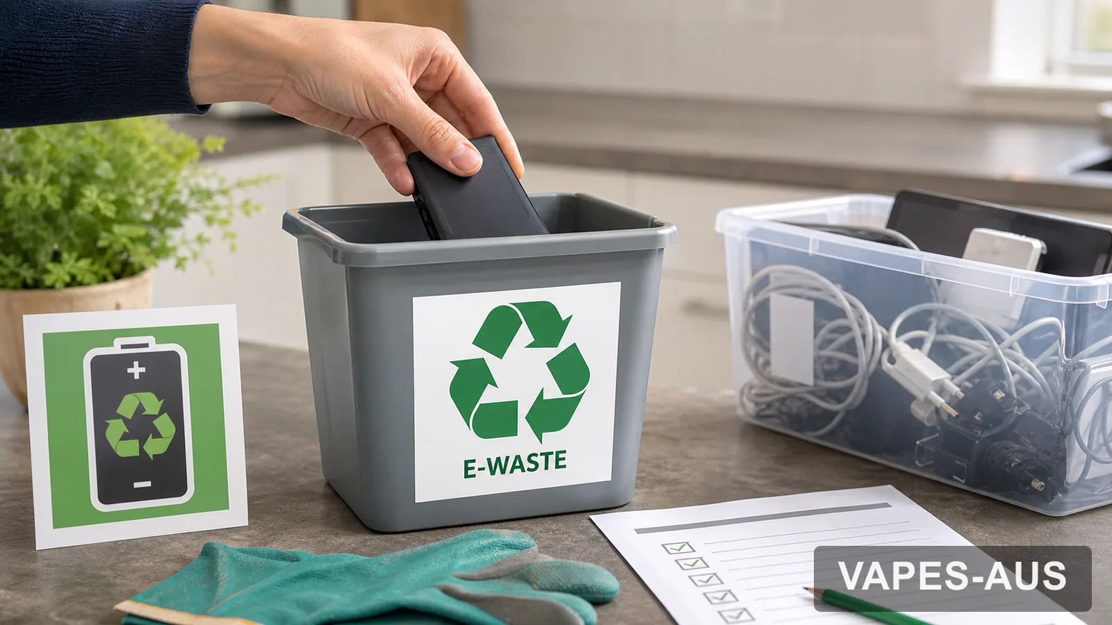 Responsible e-waste disposal setup for small electronic devices with VAPES-AUS watermark