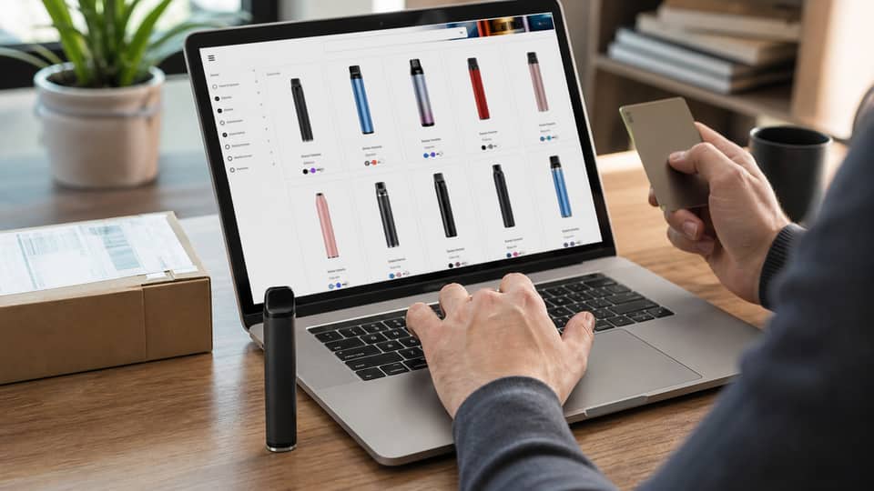 Adult shopping for vapes online with unbranded vape device and delivery parcel