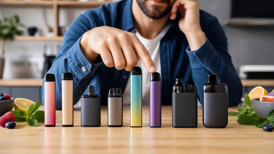 Adult comparing vape flavours and device styles before buying online