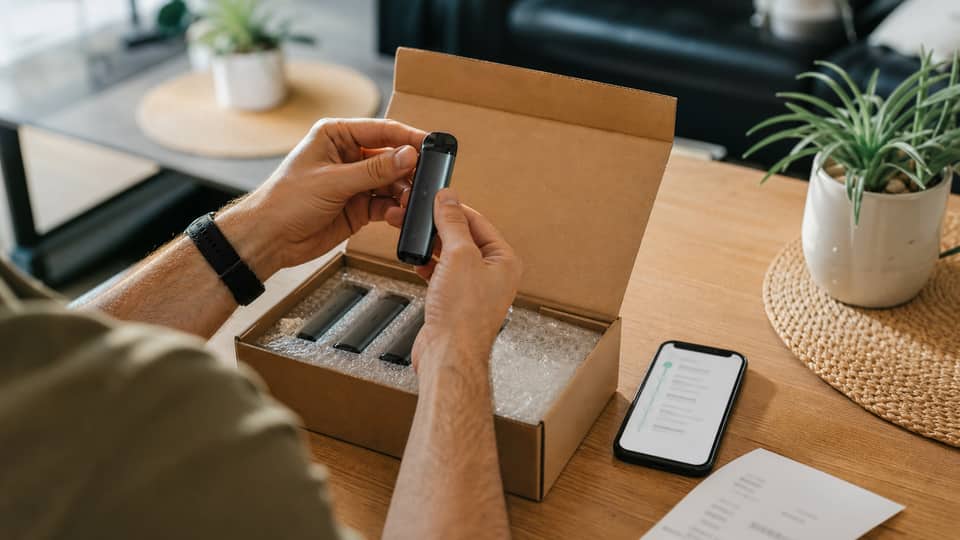 Adult opening delivered vape parcel at home with unbranded vape devices