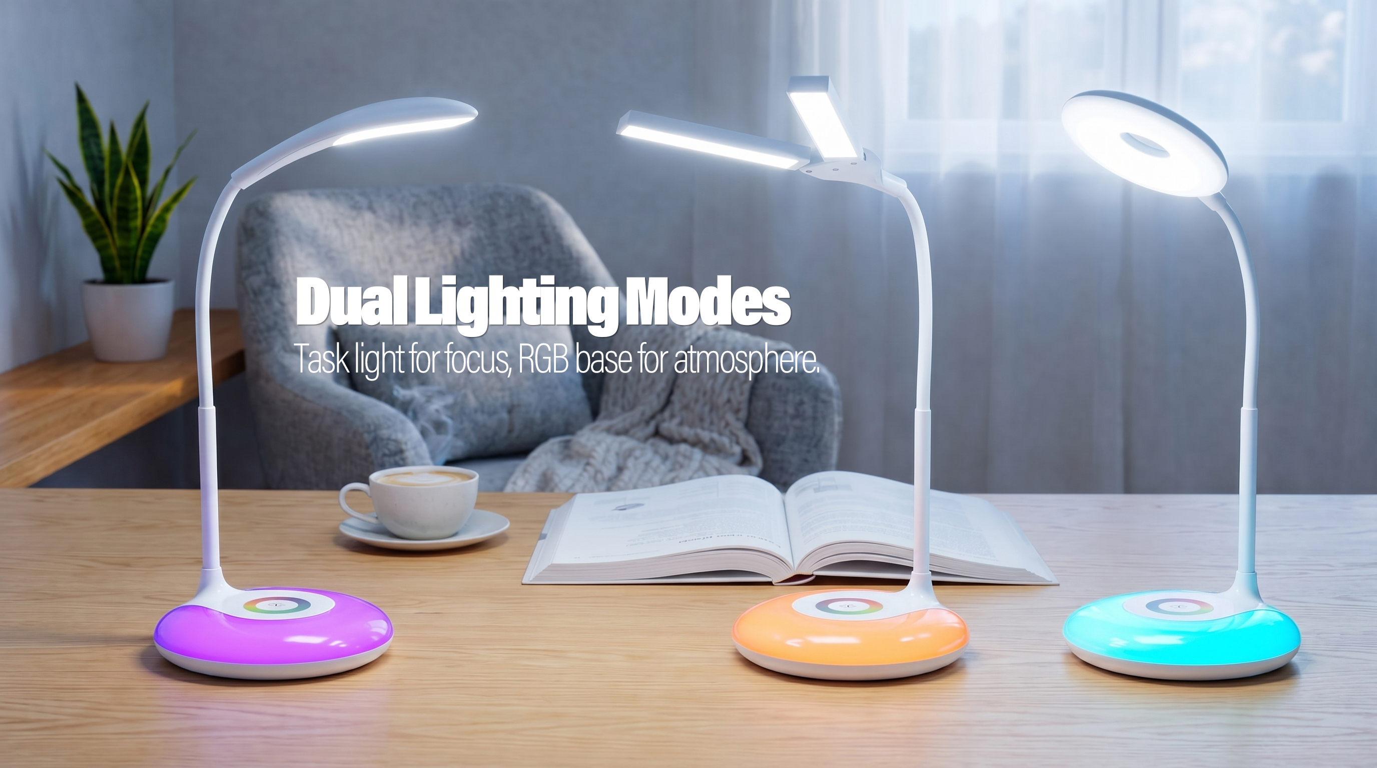 Professional desk lamp with cool white task light and customizable RGB ambient base for modern workspaces.