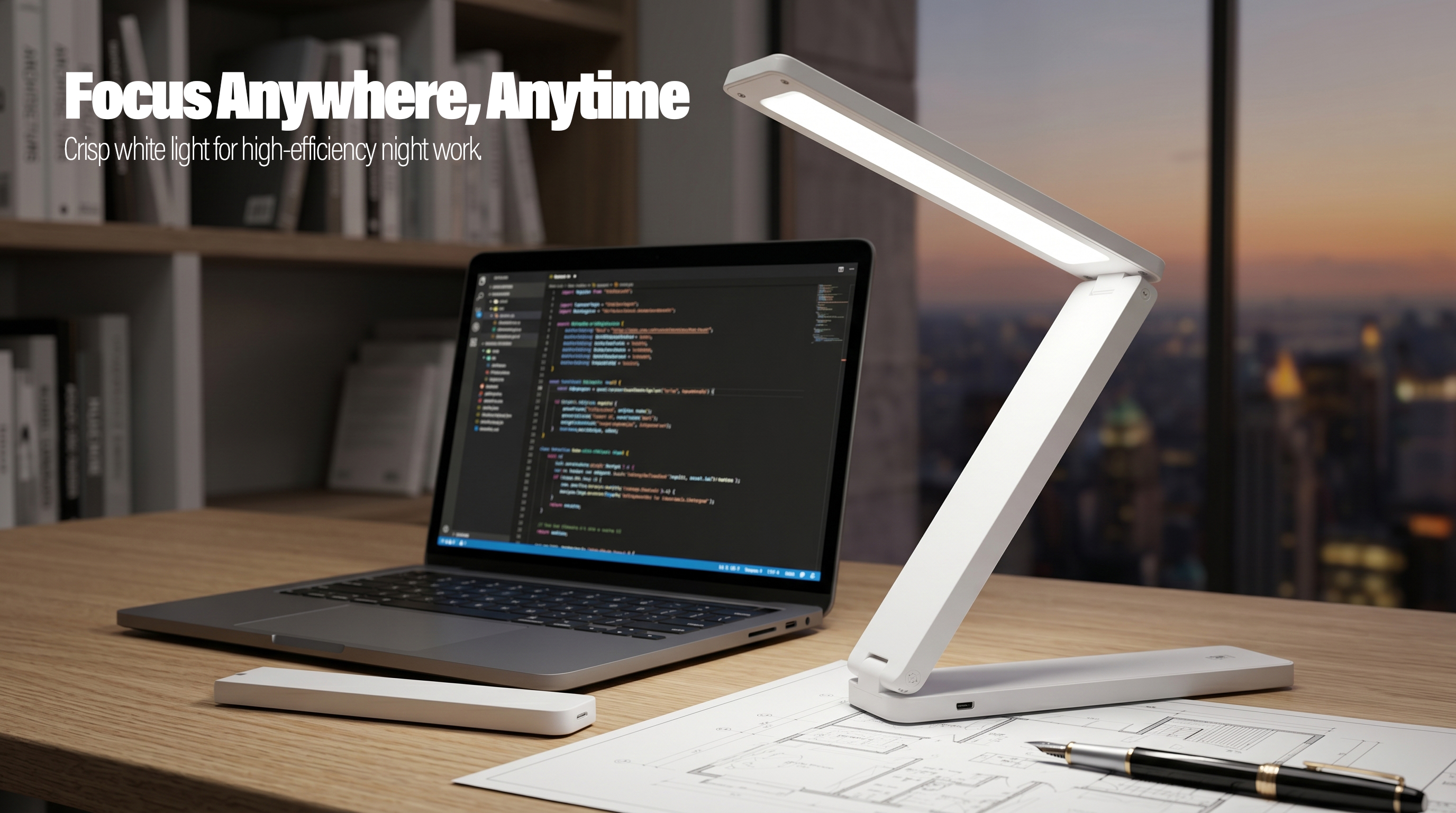 Foldable LED desk lamp with bright white light for night office work, factory OEM support.