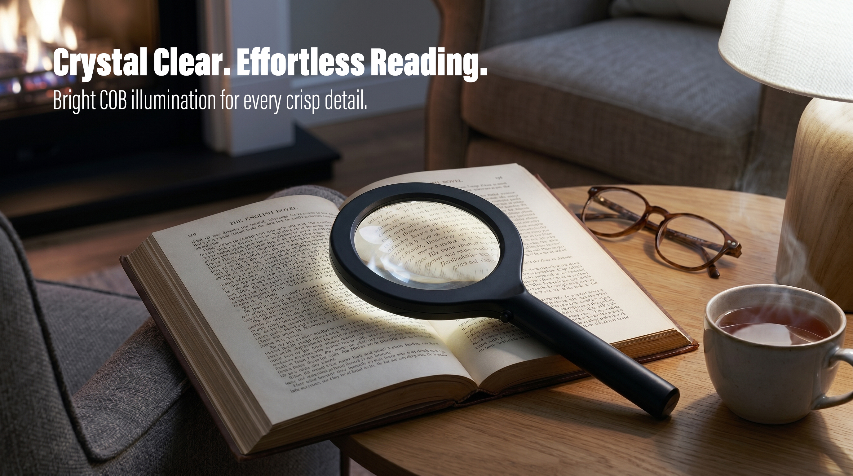 An illuminated black handheld COB magnifying glass resting on an open book next to a cup of hot tea and eyeglasses on a wooden table
