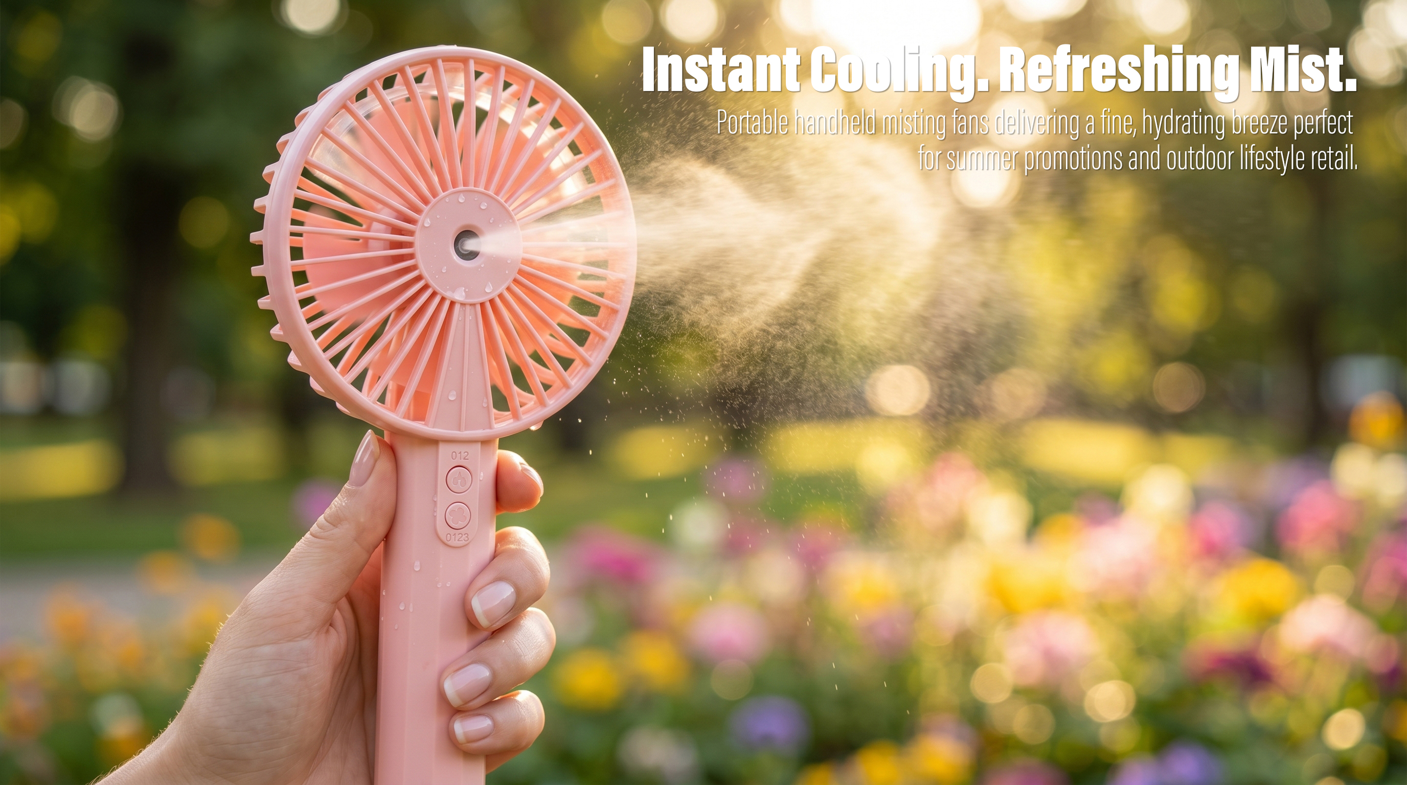 A person holding a pink handheld misting fan that is spraying a fine water mist into the air against a sunlit, blurred background of colorful flowers and green trees in a park.