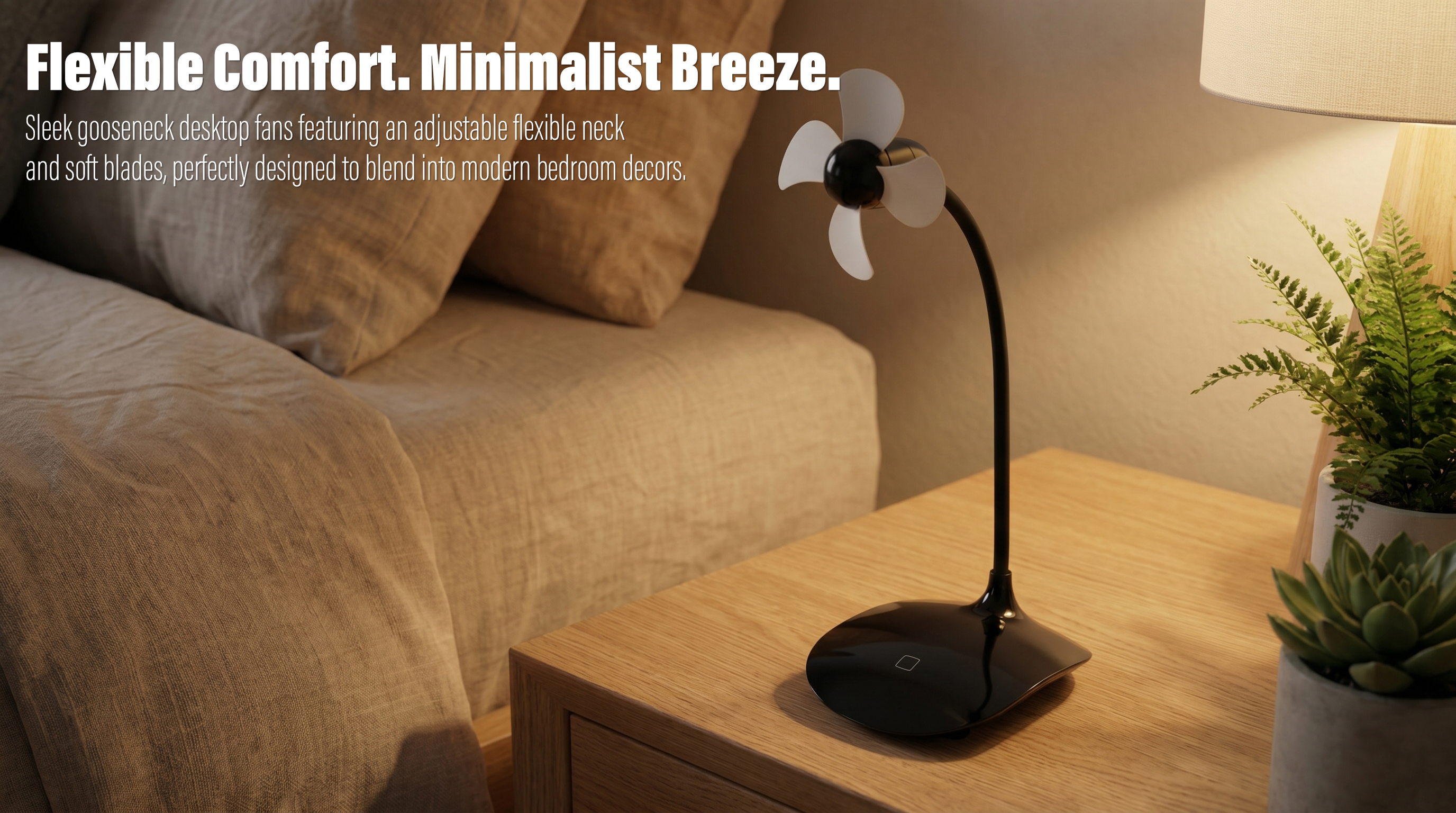 A minimalist black desktop fan with a flexible gooseneck arm and white soft blades on a wooden nightstand under warm lamp lighting in a cozy bedroom.