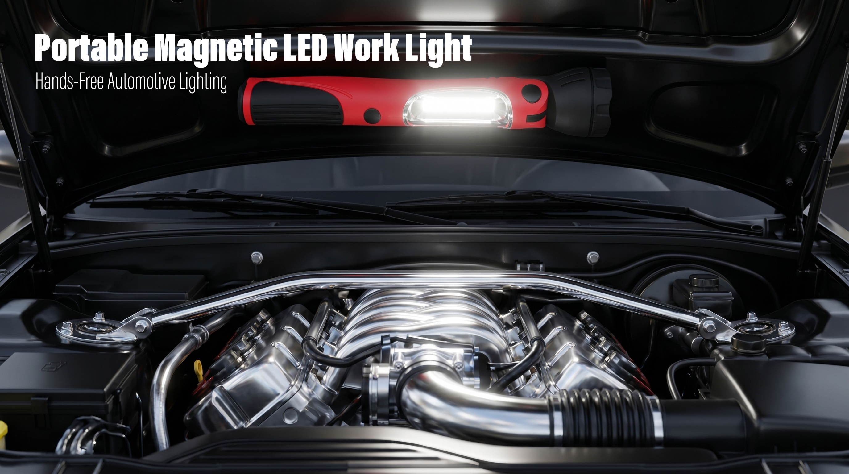 Portable LED work light illuminating a car engine bay.