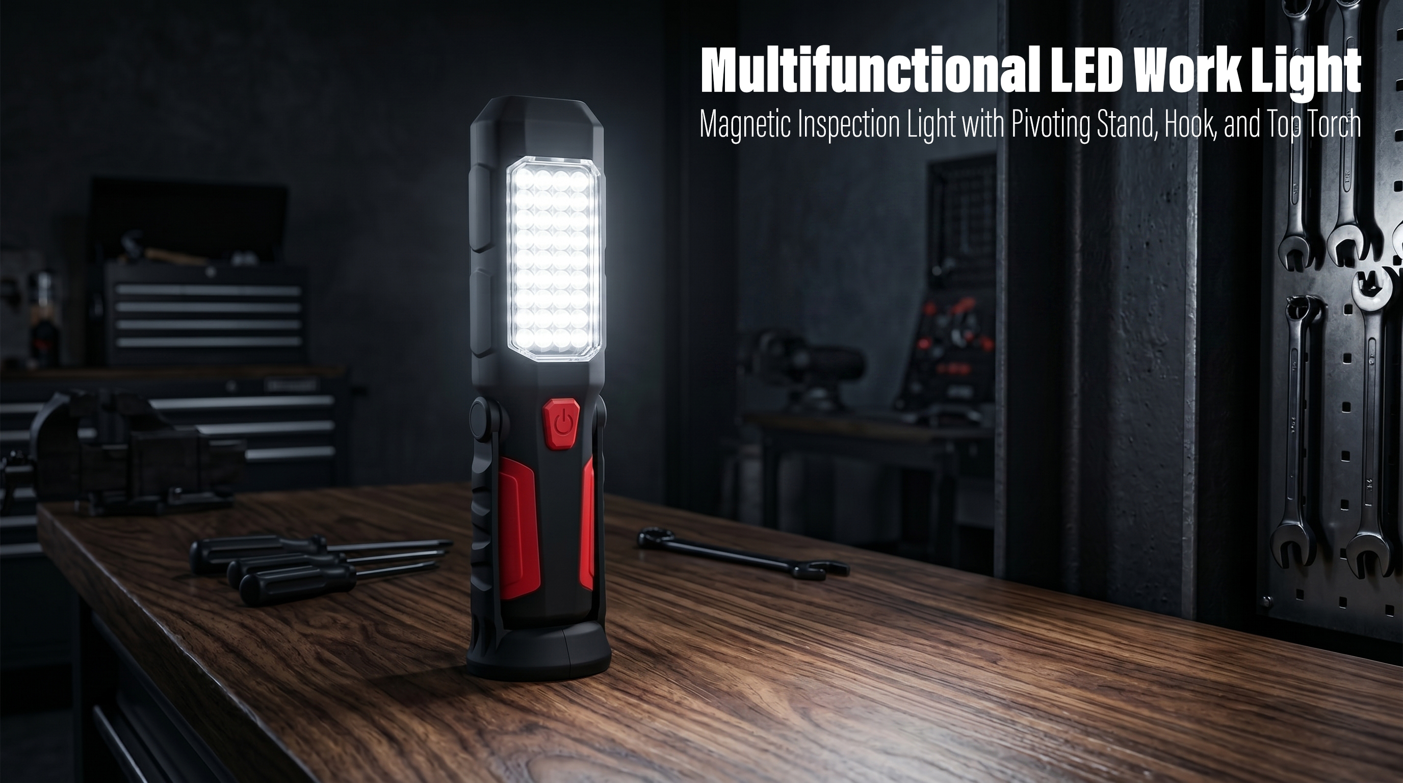 A multifunctional magnetic LED work light with a top torch and pivoting stand illuminates a wooden workbench inside a garage workshop.
