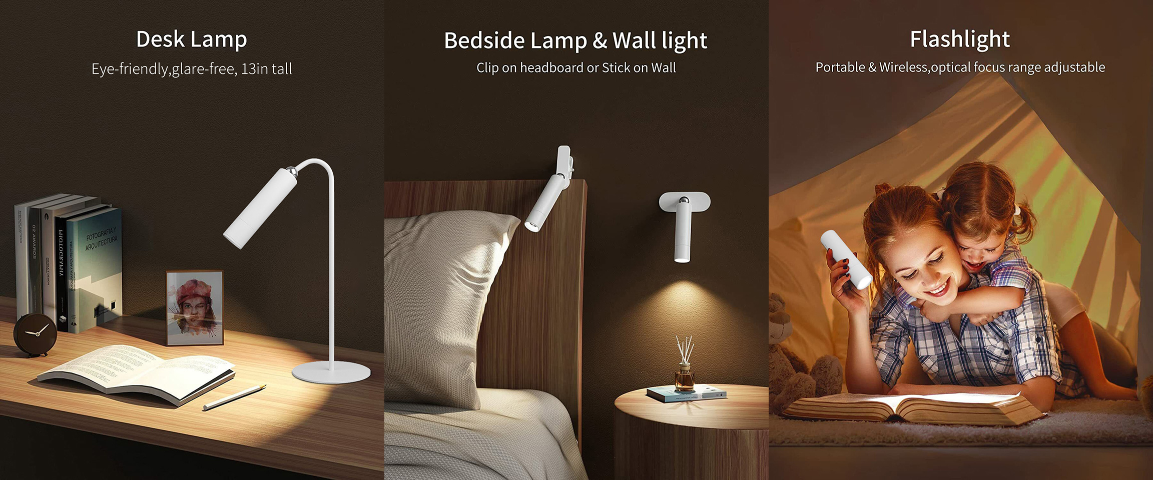 4-in-1 multi-functional rechargeable desk lamp showing configurations as study table light, bedroom bedside clip lamp, adhesive wall light, and wireless portable flashlight.