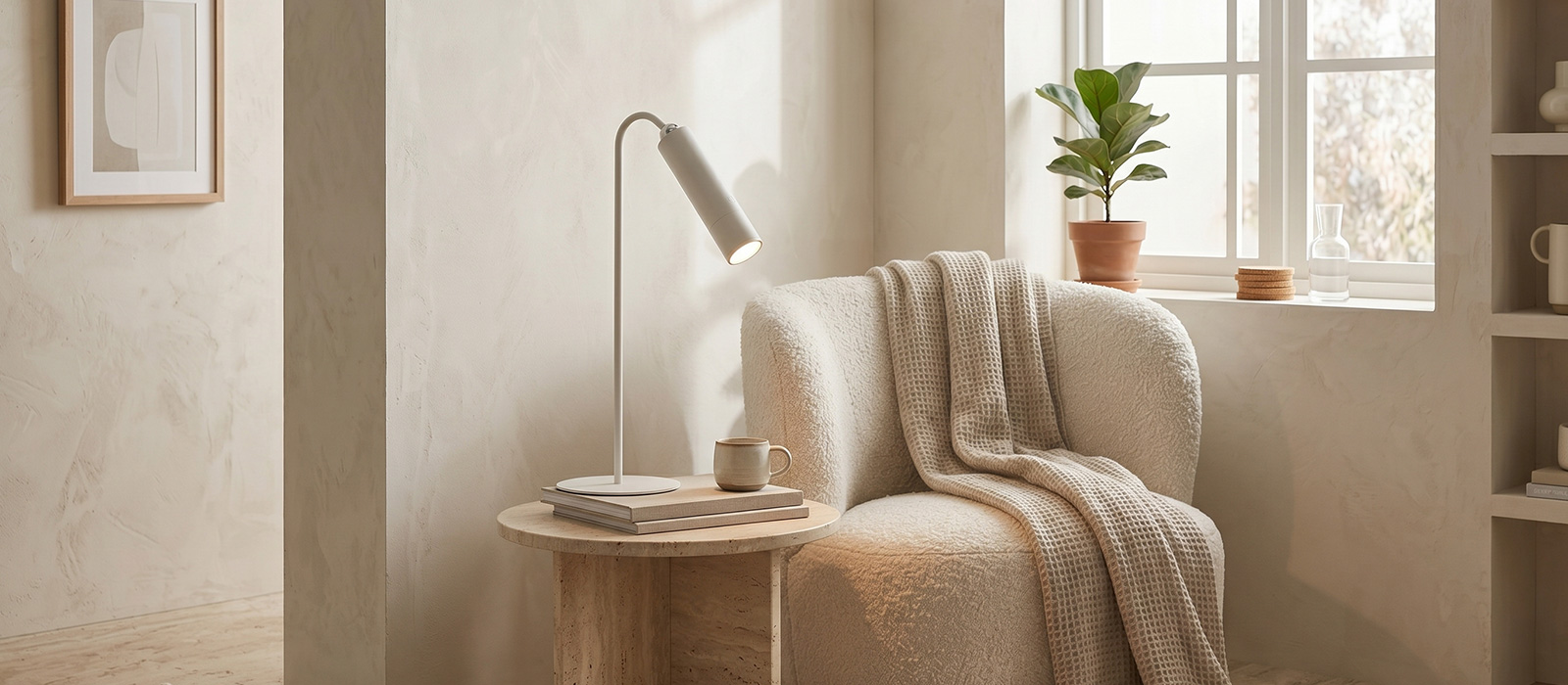 Minimalist wabi-sabi style cream living room featuring a white sleek table lamp on a travertine side table next to a cozy sherpa armchair and sunny window