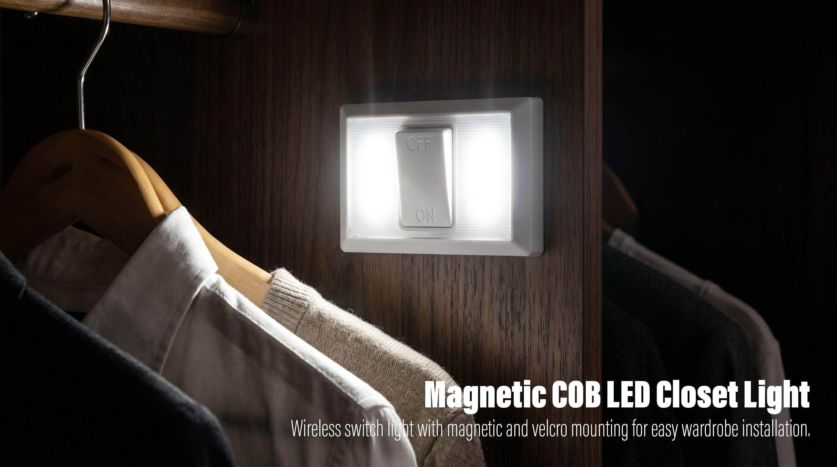A horizontal product photograph of a white rectangular COB LED closet light with a large rocker switch mounted on a wooden panel, illuminating clothes inside a wardrobe.