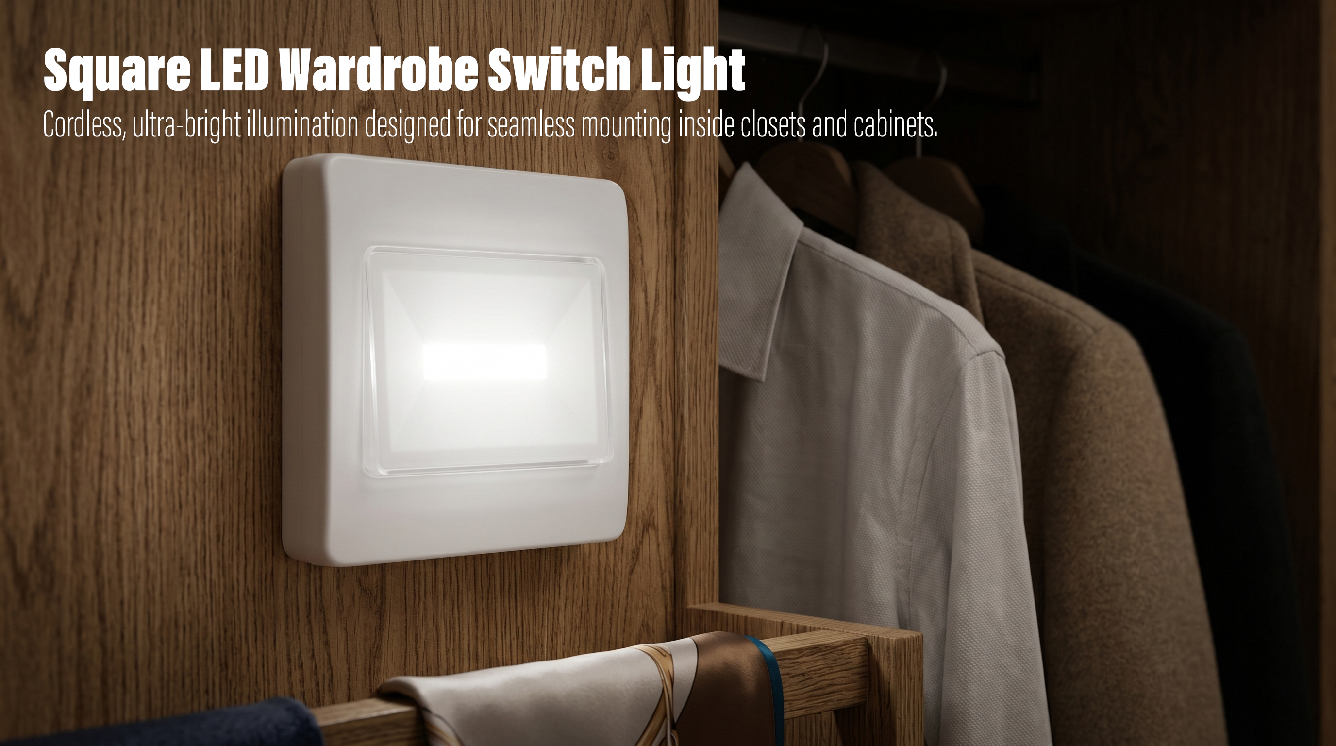 A horizontal close-up photograph showing a square white LED switch light mounted on a wooden wardrobe panel, brightly glowing next to hanging clothes inside a closet.