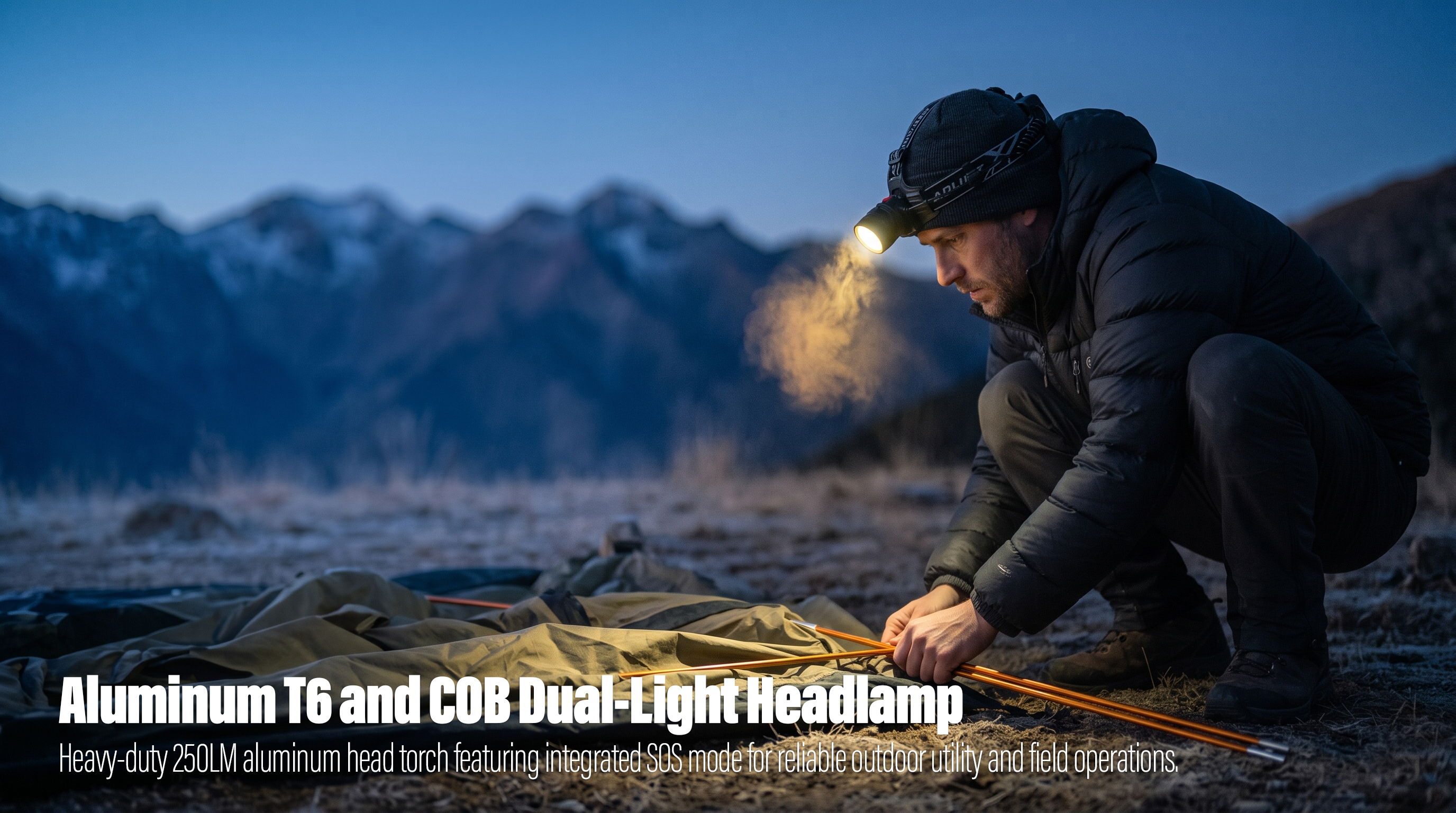 A real-world outdoor photo of a man pitching a camping tent in a cold mountain valley, using an aluminum T6 and COB LED headlamp to illuminate the tent poles and tools under low light.
