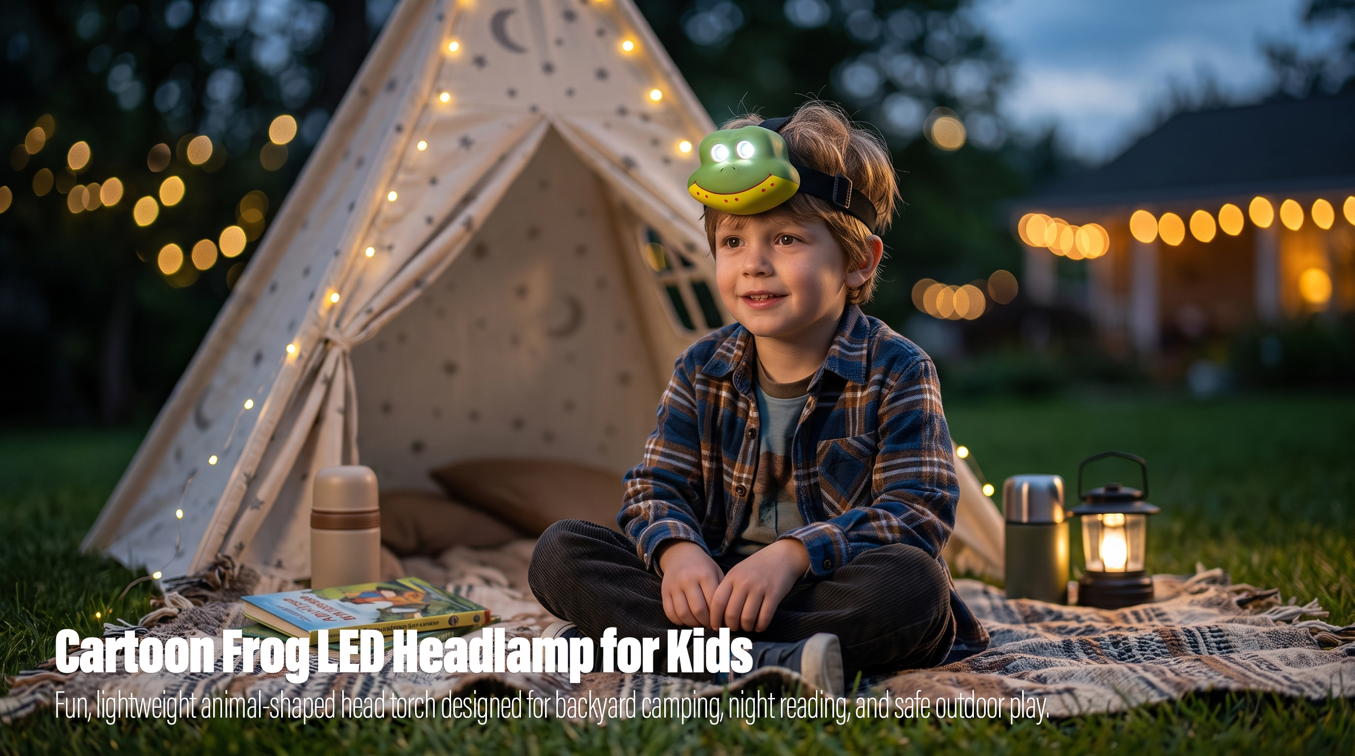 A real-world outdoor lifestyle photo of a young boy sitting on a blanket in a backyard next to a small lit play tent, wearing a green frog-shaped kids LED headlamp that glows from the eyes.