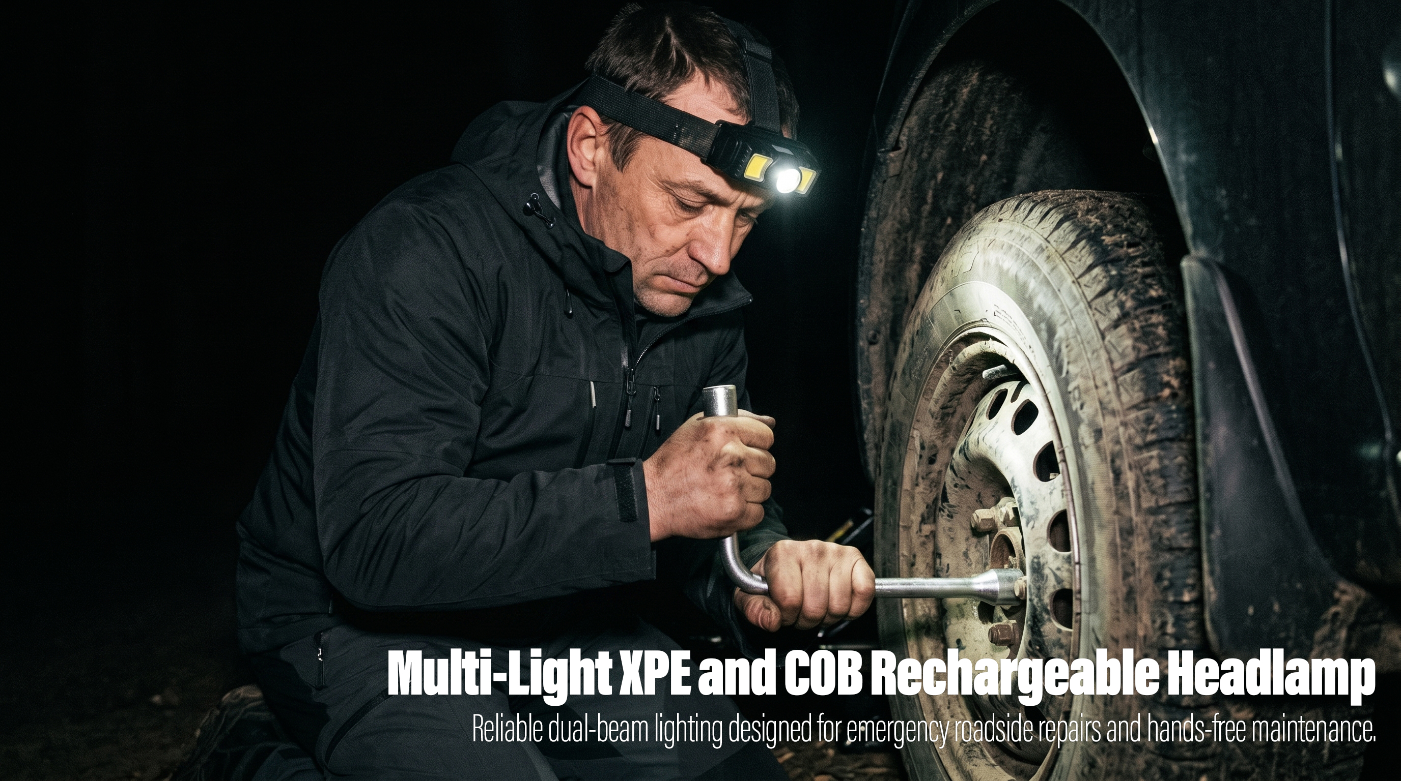 A real-world workshop photo of a man changing a car tire on the roadside at night, utilizing a dual-beam LED headlamp to provide hands-free illumination on the wheel and tools.
