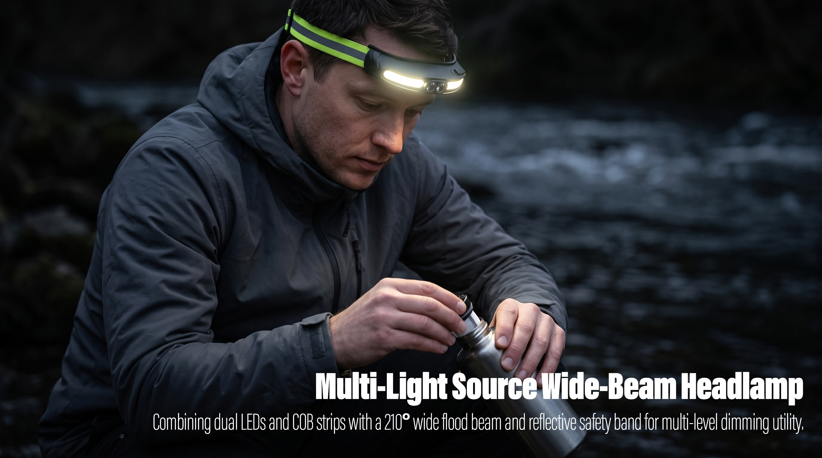 A real-world outdoor evening photo of a man in a gray technical jacket sitting by a riverbank, using both hands to adjust a stainless steel water bottle, while his integrated horizontal dual-LED and COB strip headlamp with a reflective green band casts a bright downward beam directly over his workspace.