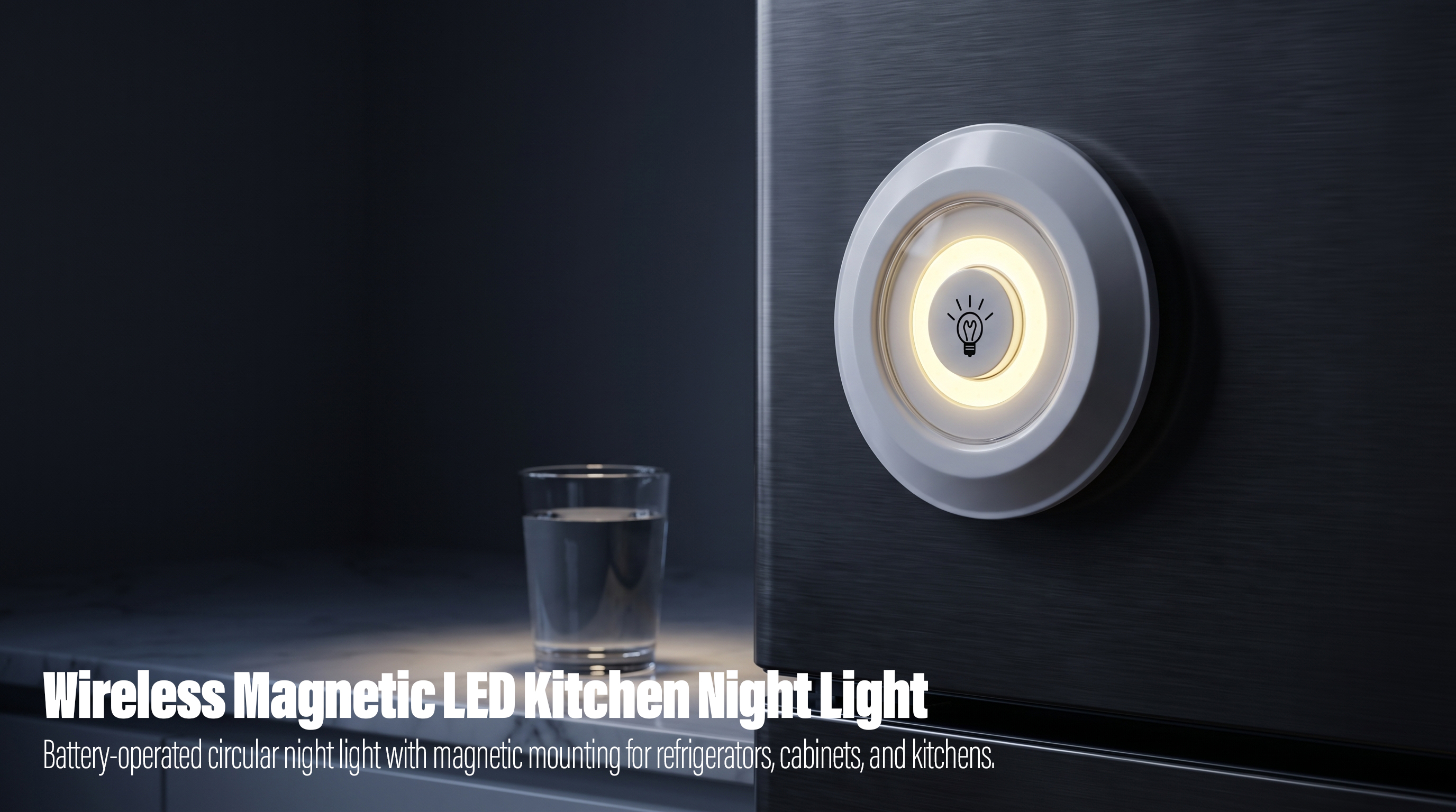 An illuminated white circular LED night light magnetically mounted on the side of a dark brushed-metal refrigerator, casting a soft warm ring glow near a glass of water on a marble kitchen countertop.