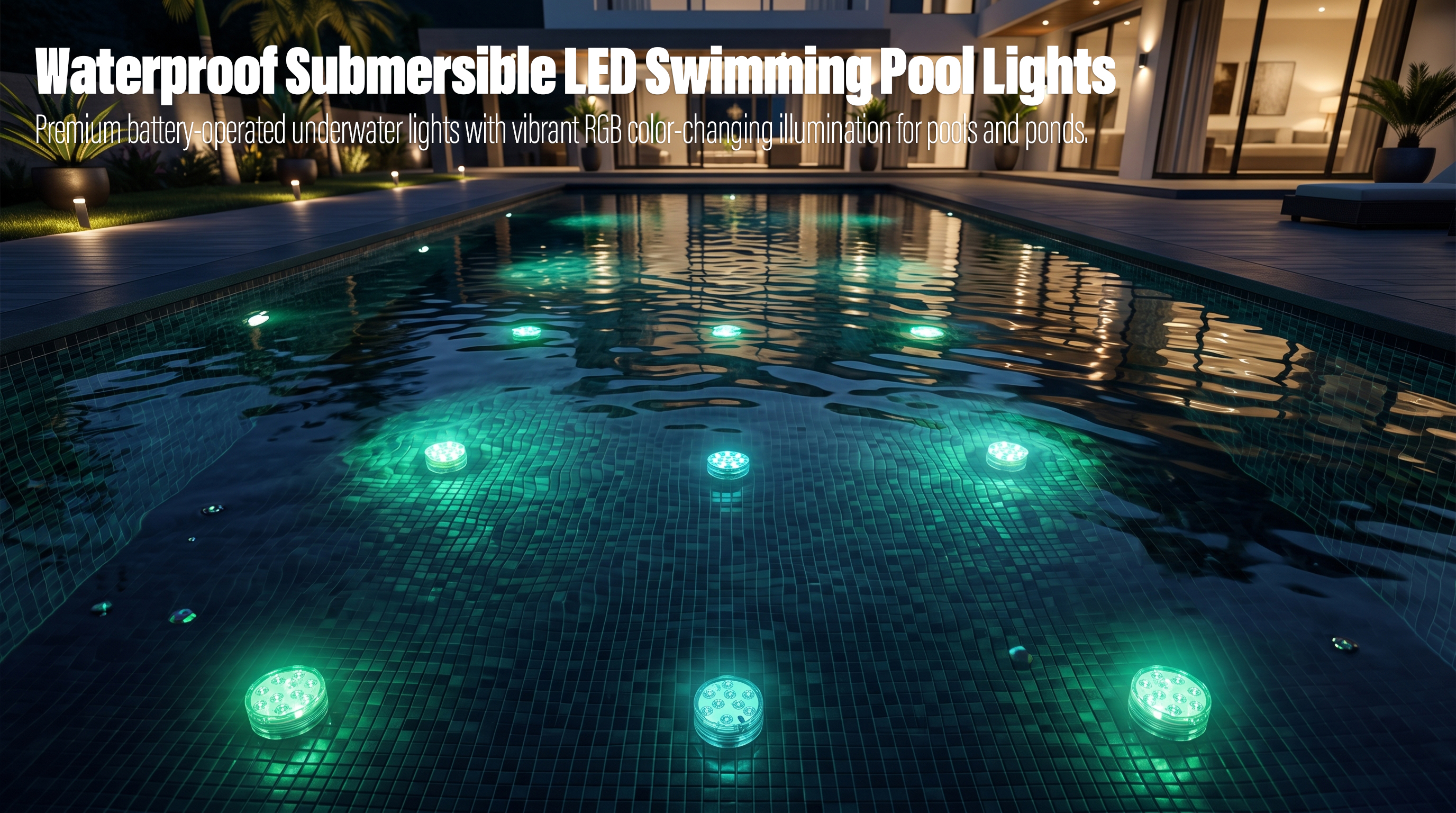 A luxury modern villa at night with multiple round submersible LED lights glowing in a bright teal green color underwater across the swimming pool, casting beautiful reflections on the water surface.