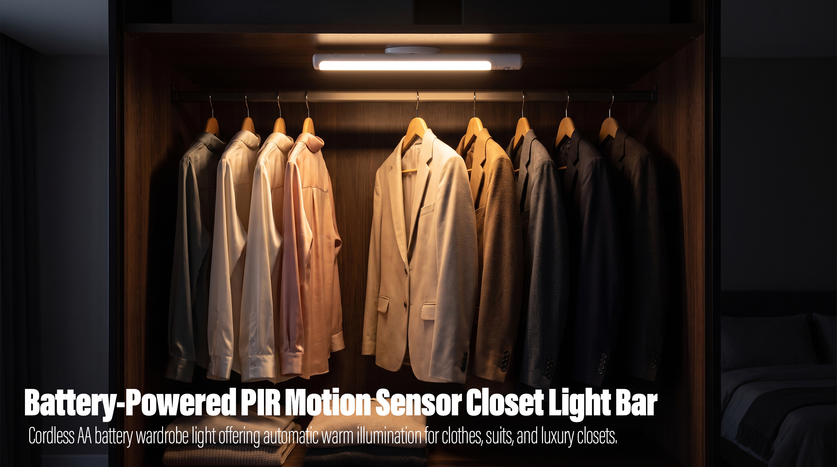 A white cordless battery-powered PIR motion sensor LED light bar mounted under a dark wooden shelf inside a closet, illuminating hanging suits, shirts, and folded sweaters with a soft warm glow.