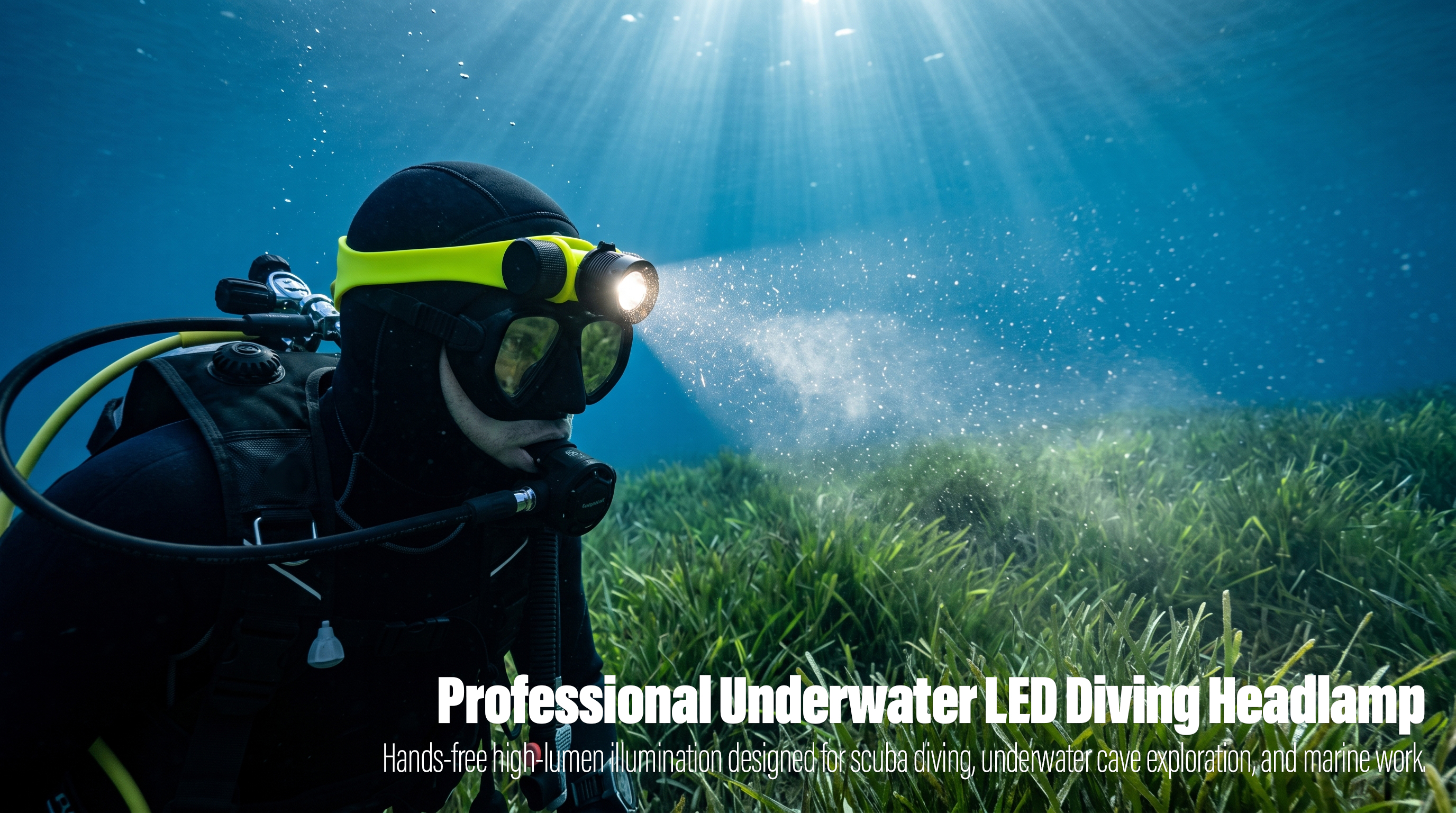 A scuba diver in full gear wears a bright yellow professional underwater LED diving headlamp on their hood, casting a strong light beam through the clear blue sea over a lush green seagrass bed.