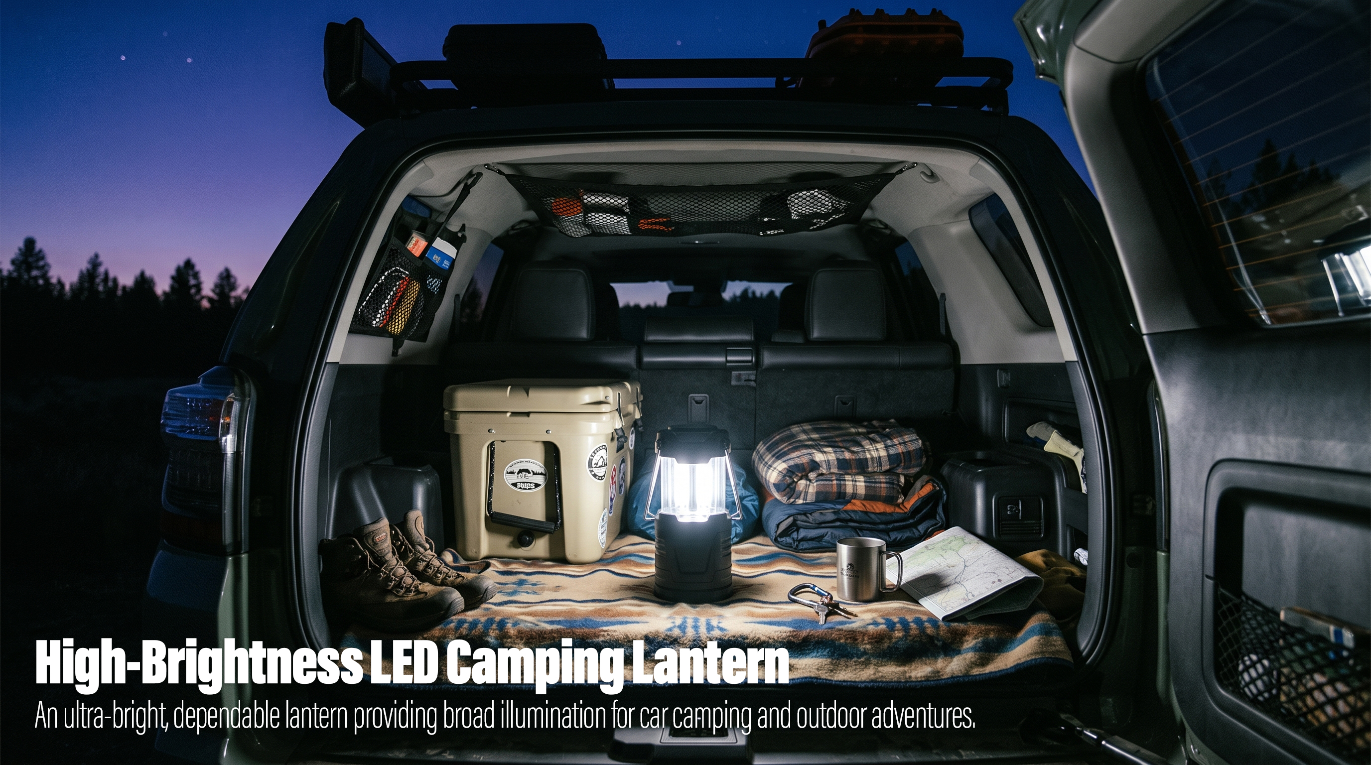 An ultra-bright LED camping lantern illuminating the trunk of an SUV fully packed with outdoor gear during a night car camping trip.