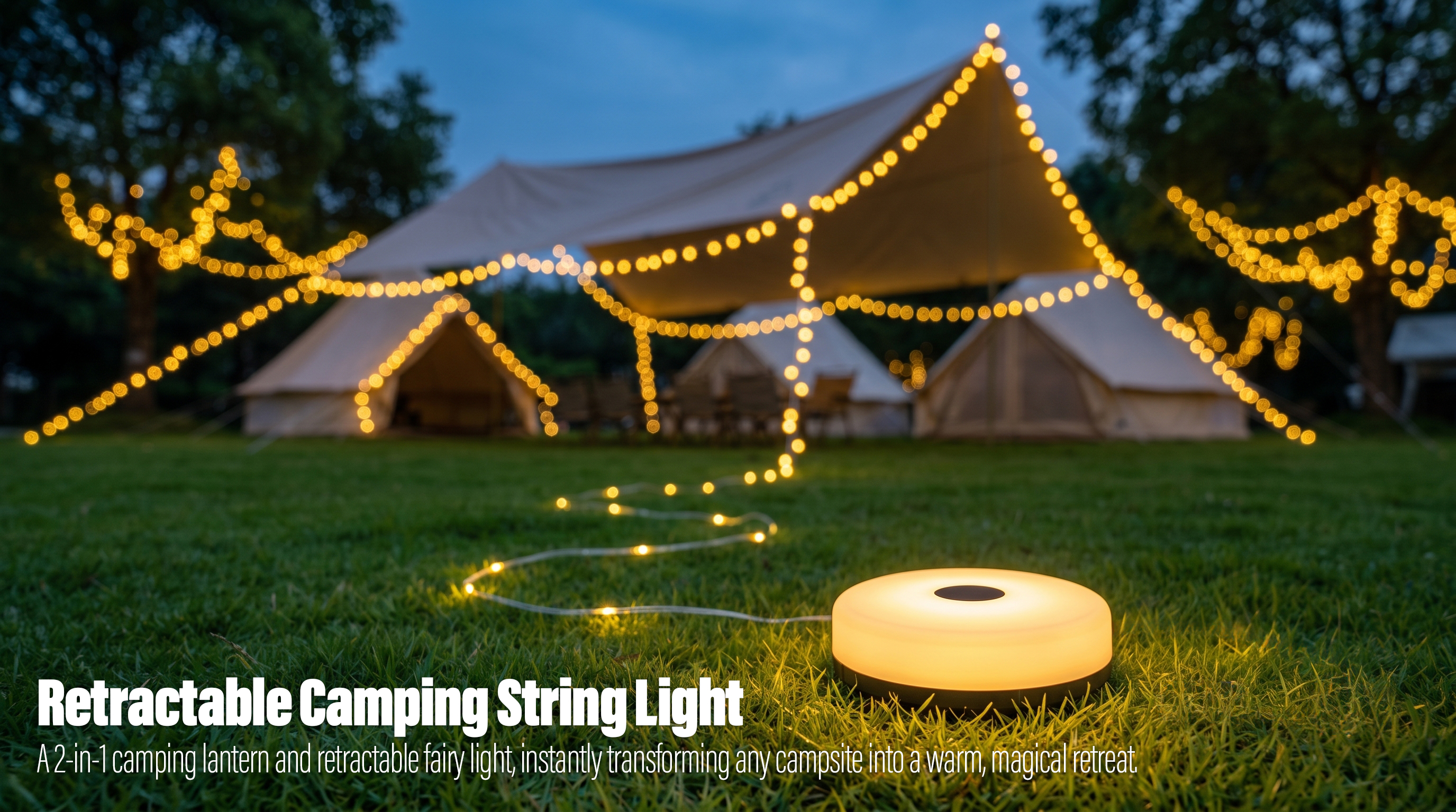 A round warm-glowing camping lantern base sitting on the grass, with an extended retractable LED string light decorating glamping tents at dusk.