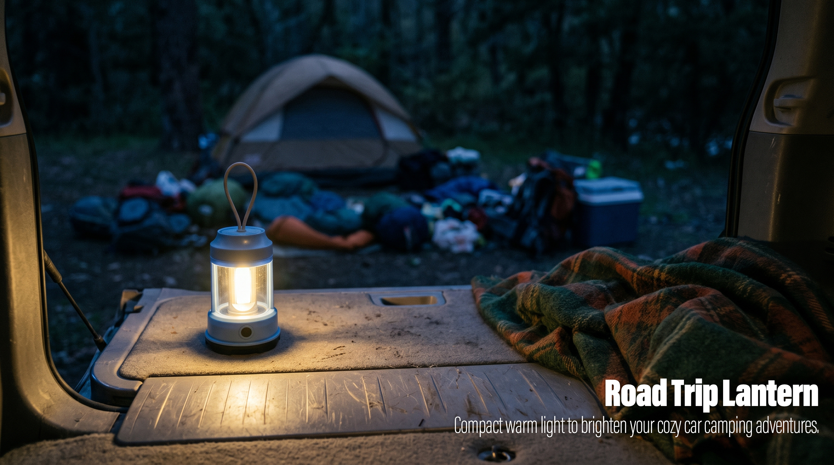 A light blue retro camping lantern with a loop handle glowing warm light on a car trunk tailgate, with a tent and forest background in the dark.