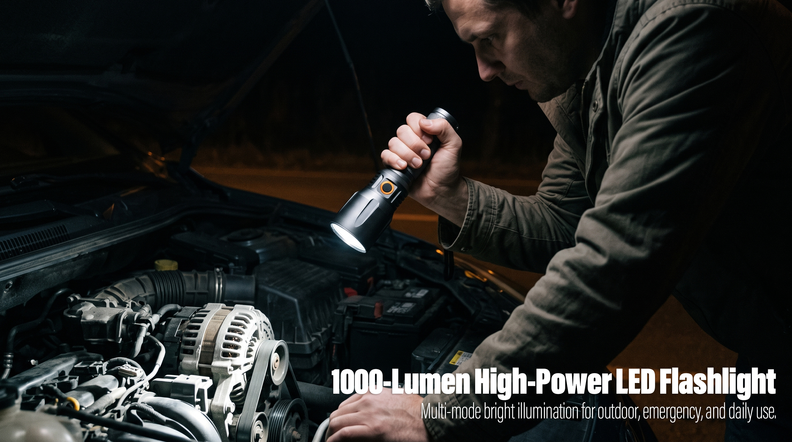 A man holds a high-power 1000-lumen aluminum LED flashlight providing wide bright illumination in the dark.