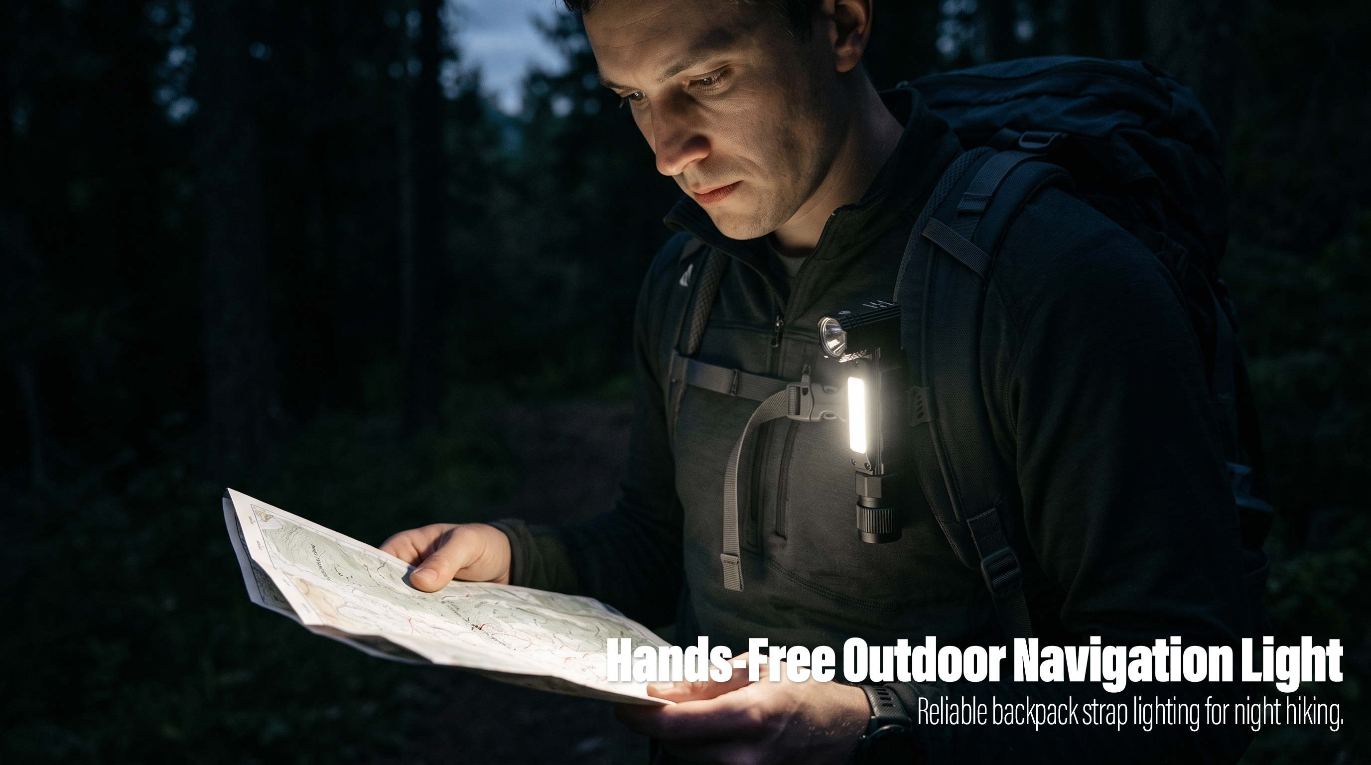 A hiker with a backpack uses a chest-clipped right-angle flashlight to illuminate a paper map in the forest at night.