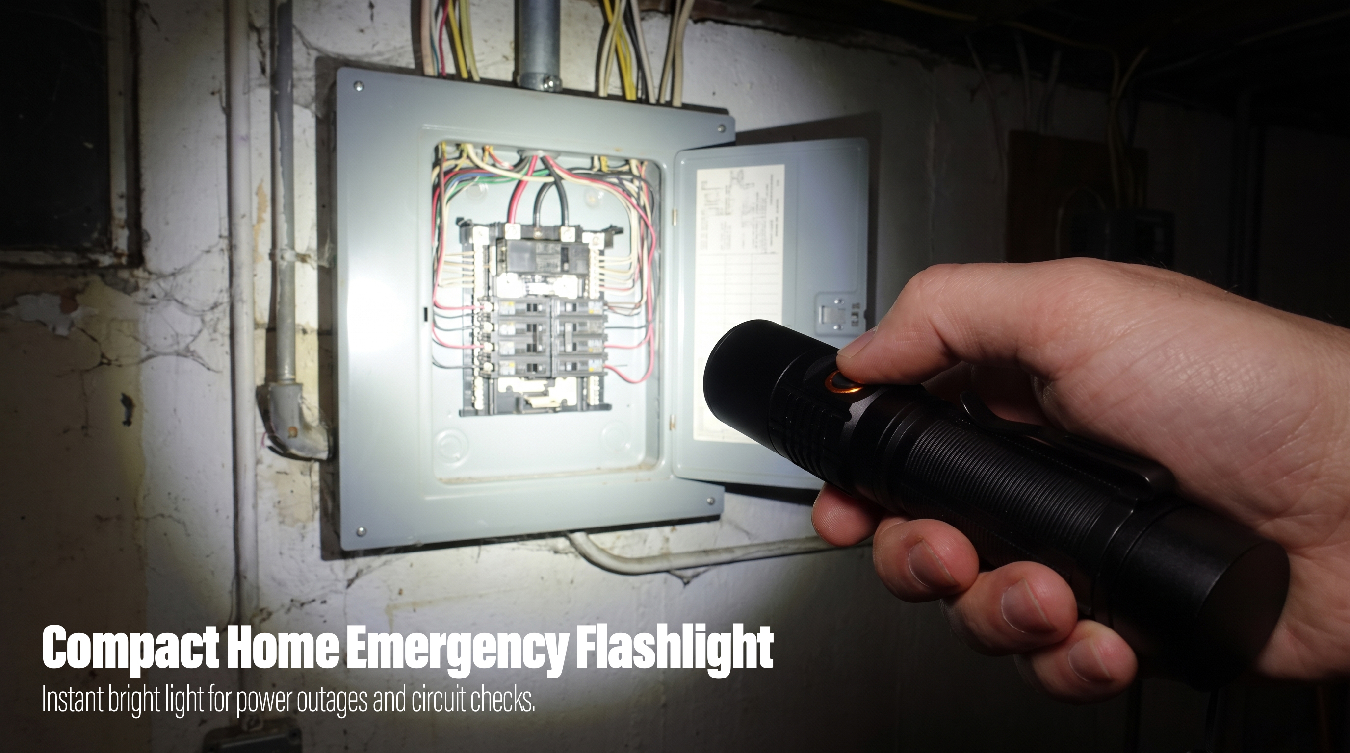 A hand holding a high-power black LED flashlight to illuminate a circuit breaker box during a home electrical inspection.