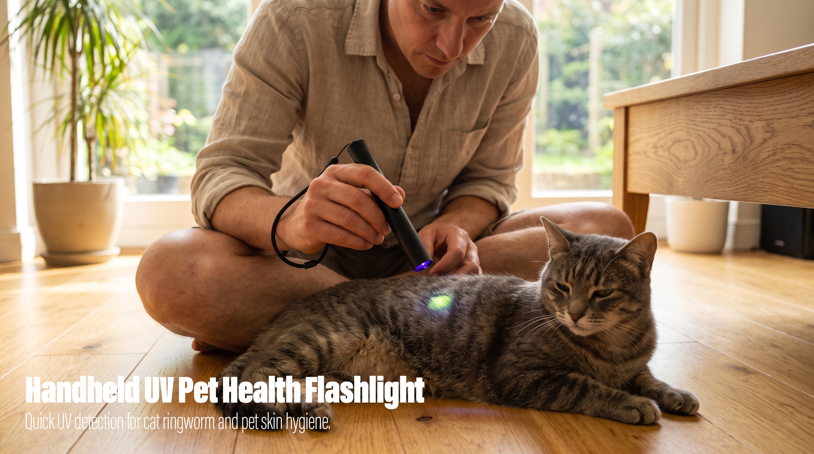 A man using a black UV blacklight flashlight to inspect a tabby cat's fur for skin conditions on a wooden floor.