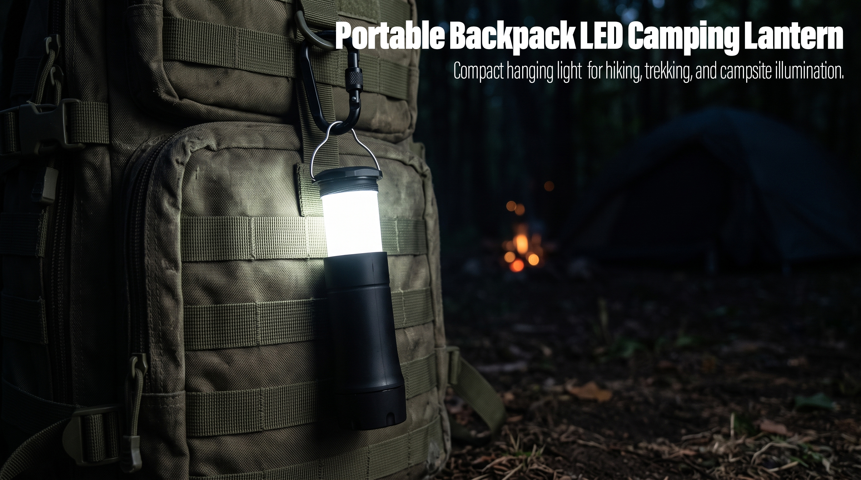 A black cylindrical LED camping lantern attached to a tactical backpack with a carabiner clip in a campsite at night.