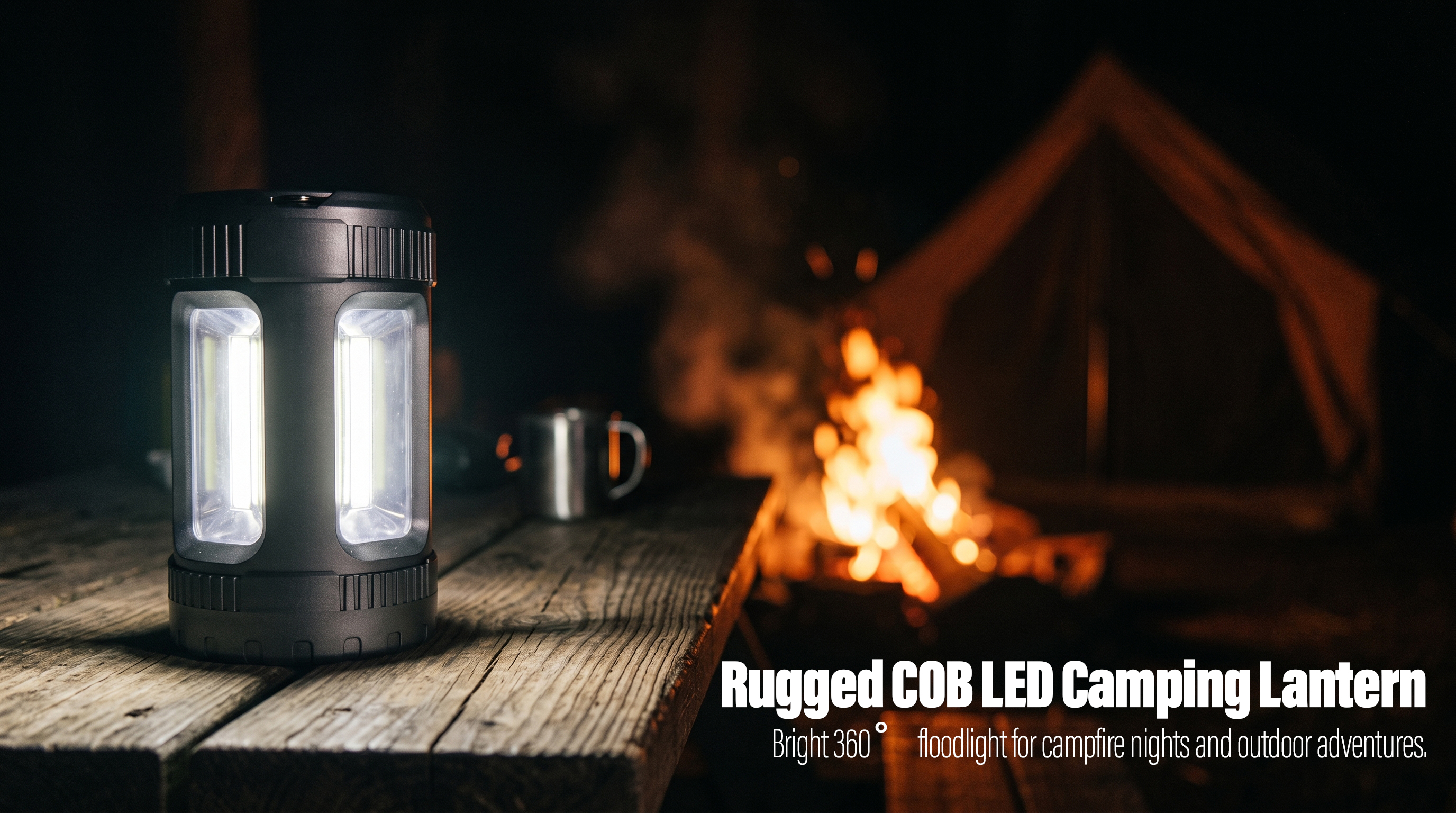 A black rugged COB LED camping lantern glowing on a wooden picnic table with a campfire and tent in the background.