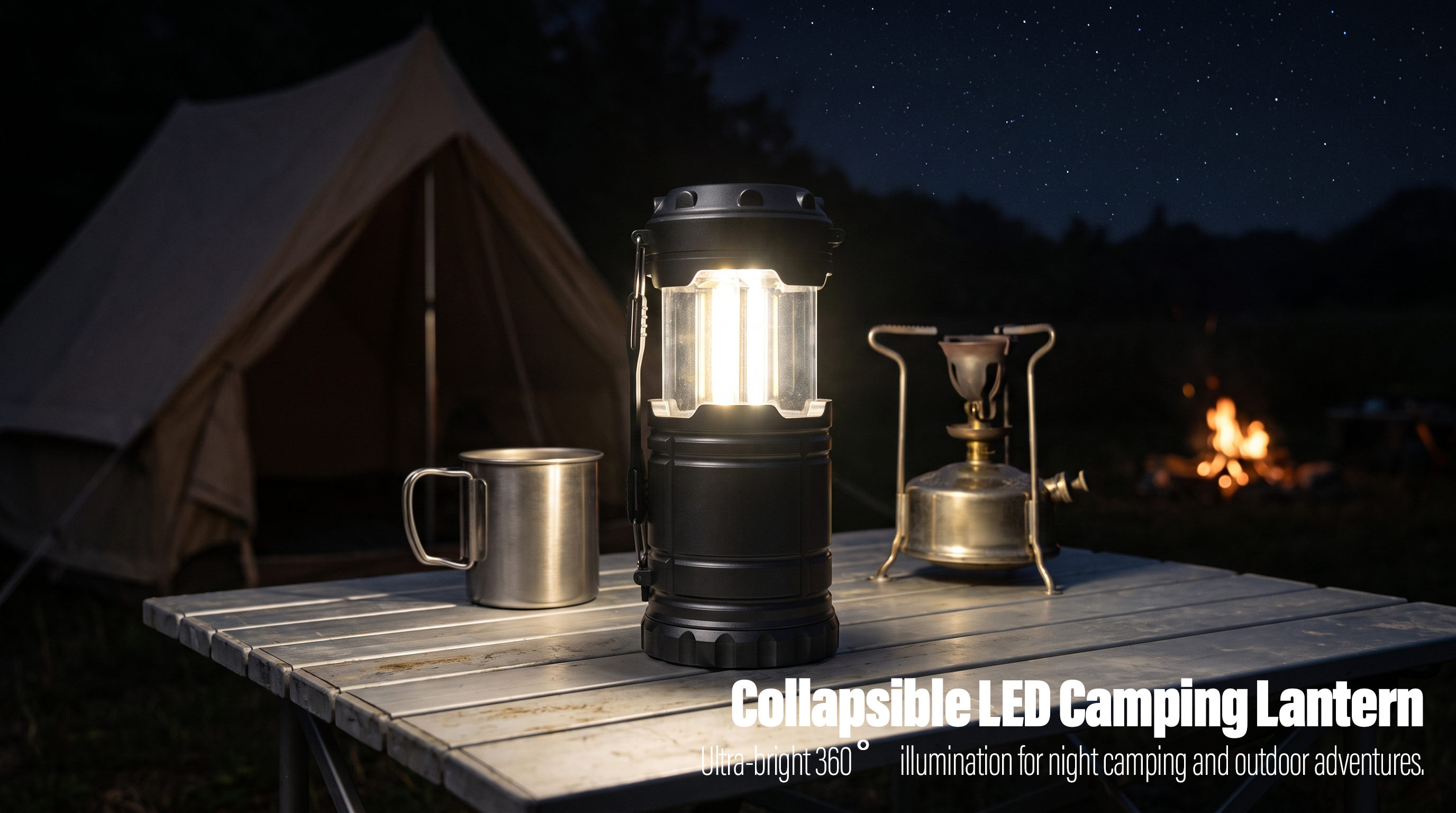A bright collapsible LED camping lantern resting on an aluminum camping table next to a metal mug and camp stove under a starry night sky.