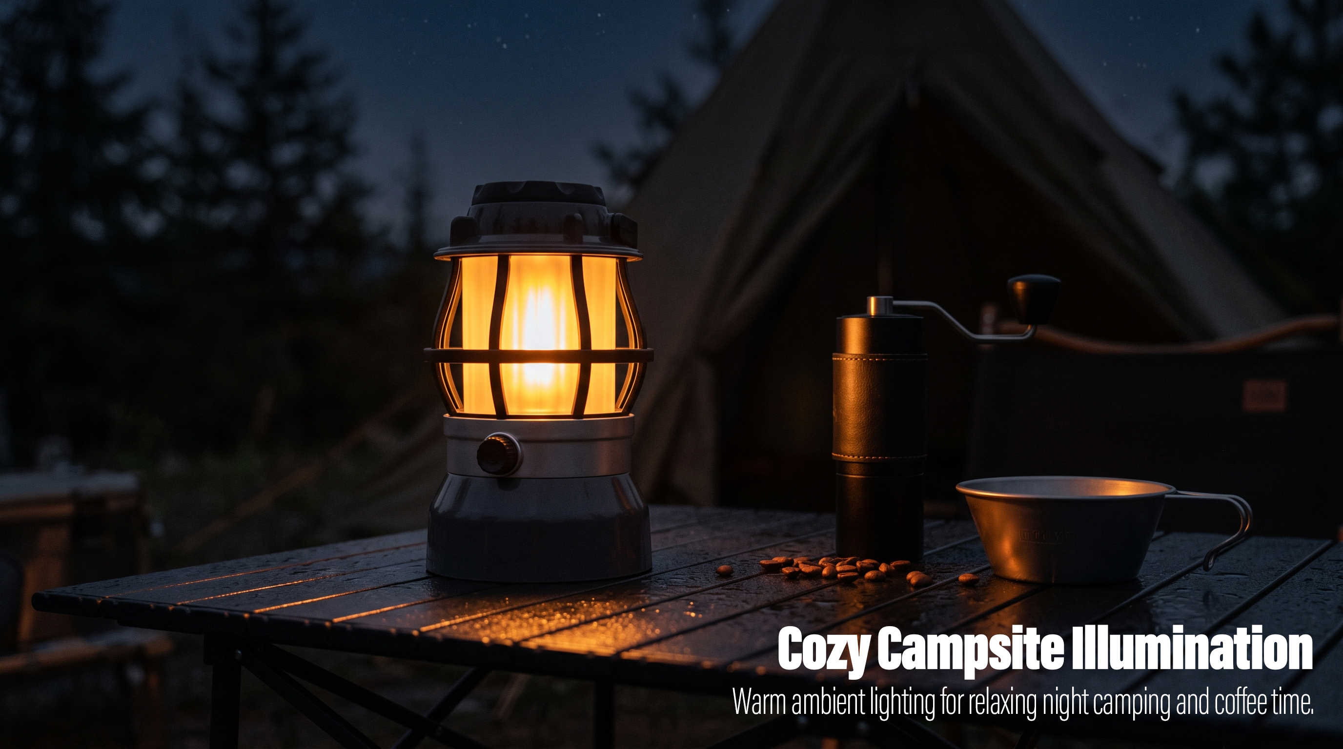 A glowing vintage COB camping lantern on an outdoor table alongside a manual coffee grinder and campsite tent at night.