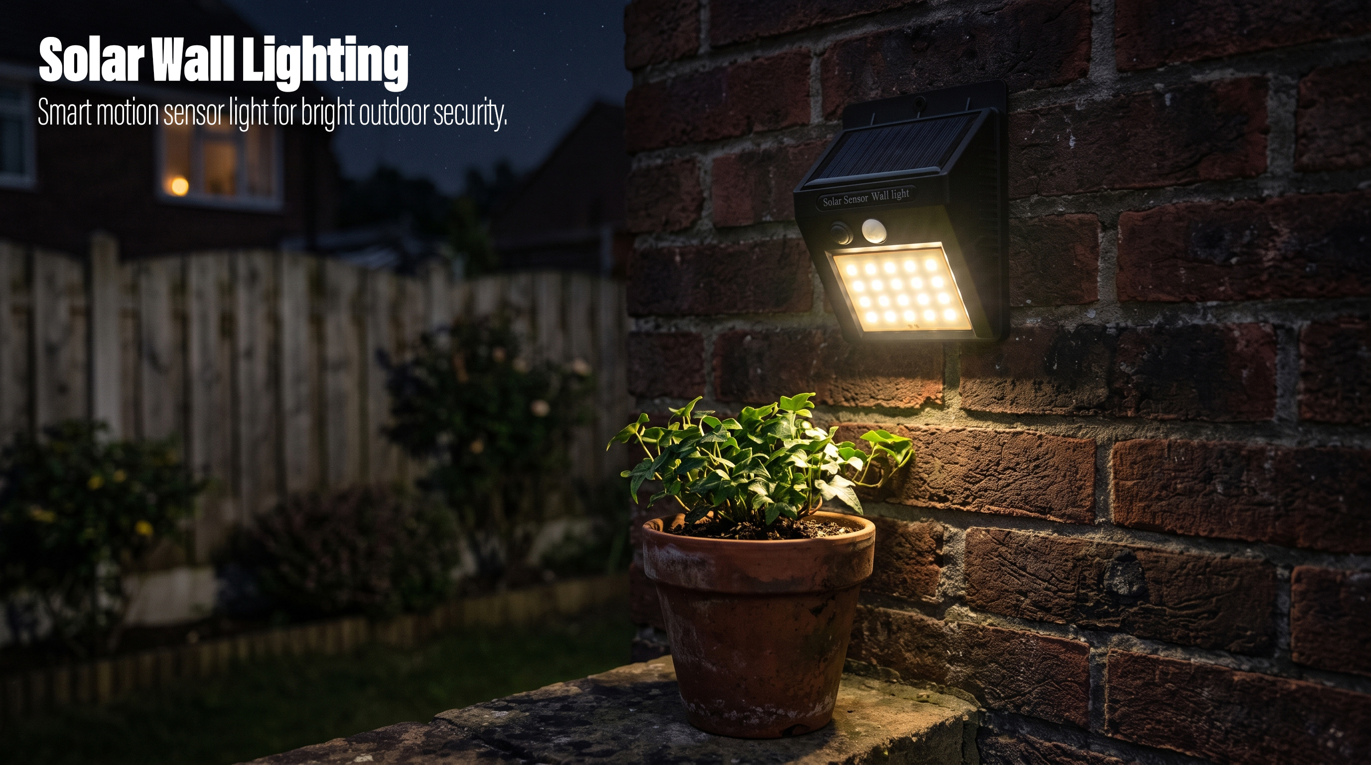 A solar motion sensor wall light mounted on a red brick wall glowing warmly over a potted plant at night.