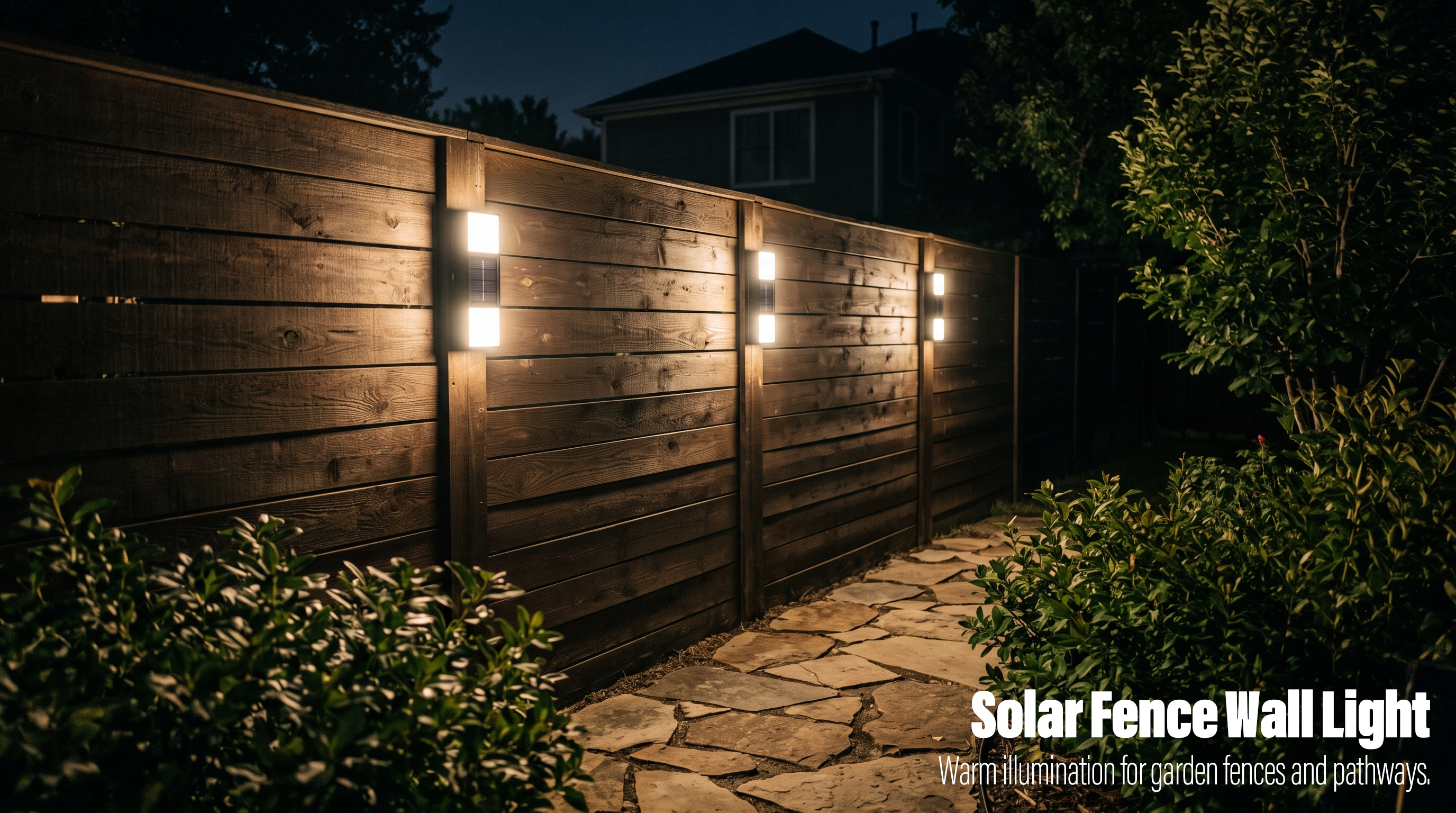 Solar up and down fence lights illuminated on a dark wooden fence along a garden stone pathway at night.