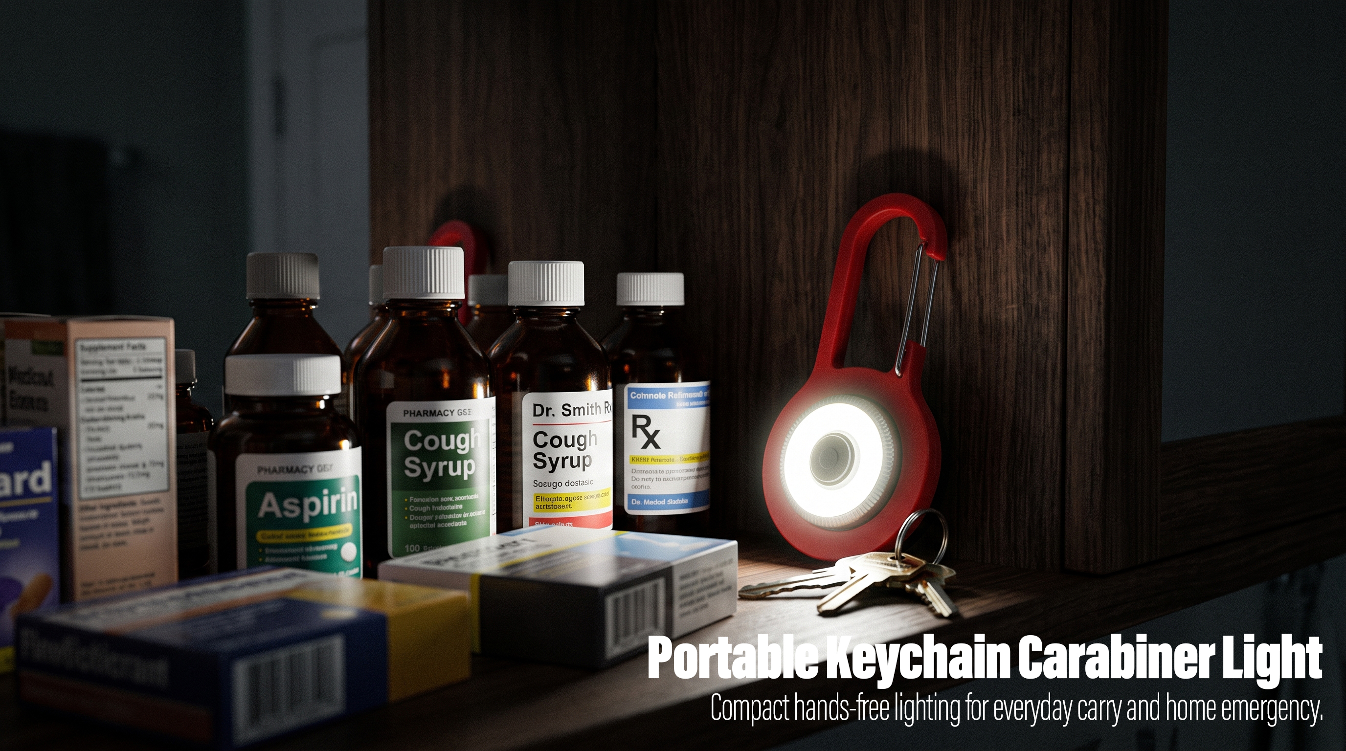 A red portable keychain carabiner light standing on a wooden shelf next to medicine bottles and keys at night.