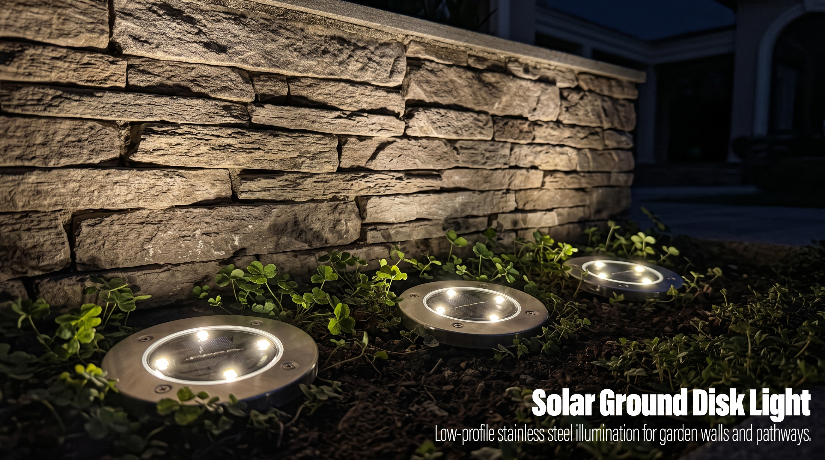 Stainless steel solar ground disk lights glowing warmly in a garden bed next to a stone retaining wall at night.