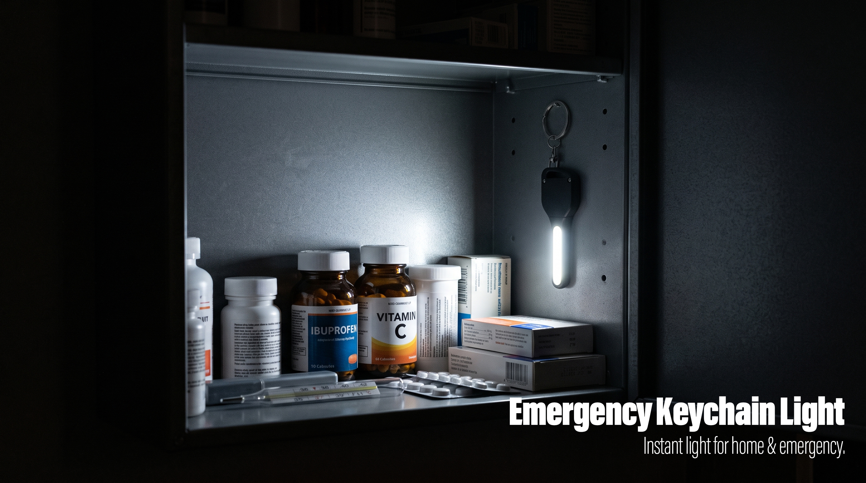 A mini keychain light hanging inside a medicine cabinet illuminating pill bottles.