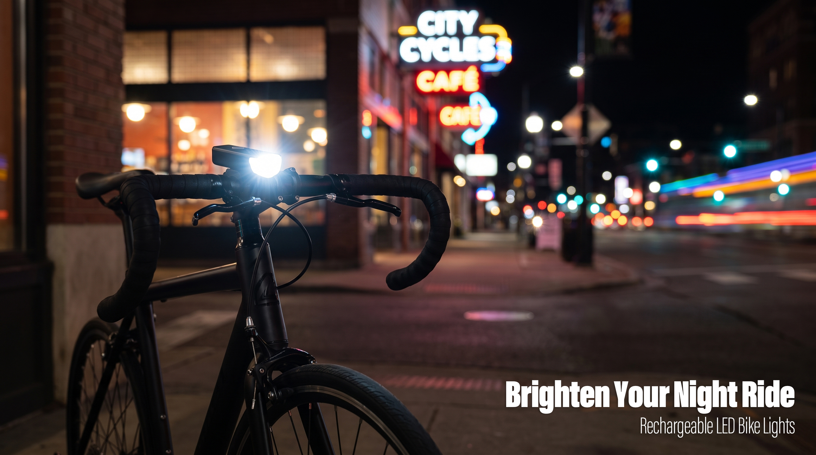 A rechargeable LED bike front light illuminated on a road bicycle handlebar during night city riding.