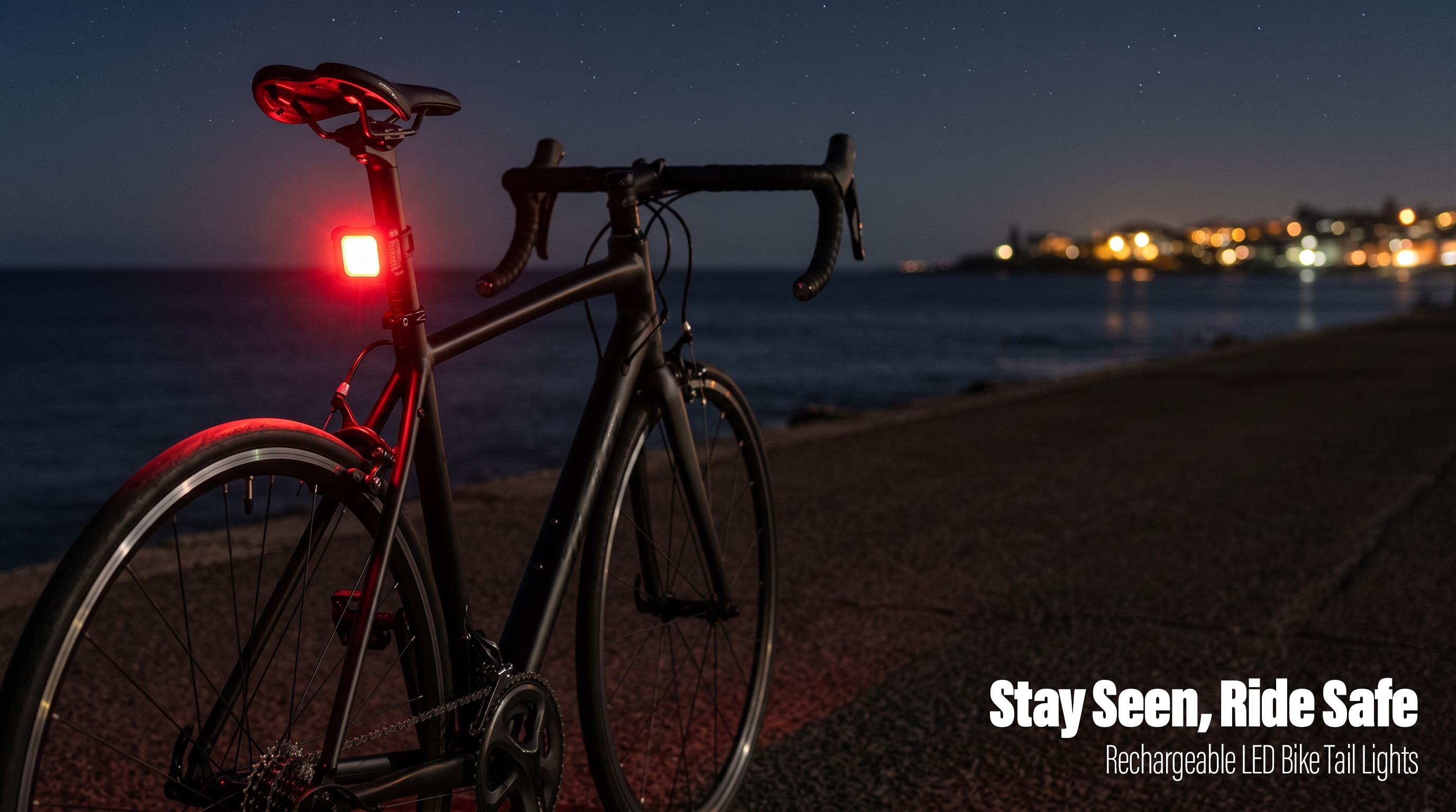 A bright red rechargeable LED bike tail light illuminated on a road bicycle seatpost during night riding by the coast.