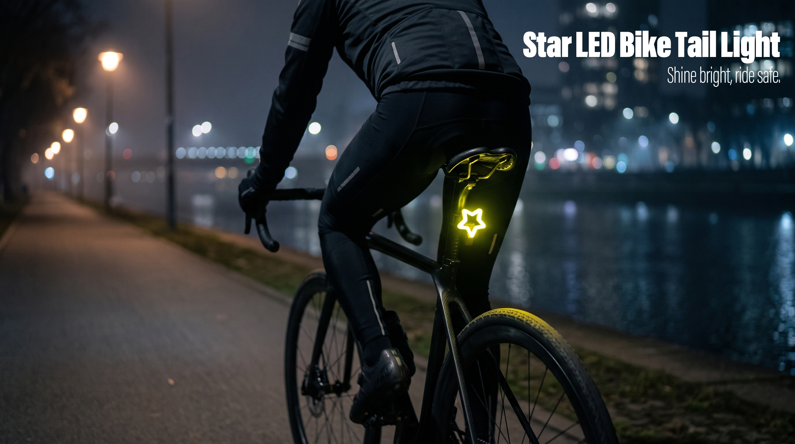 A yellow glowing star-shaped LED bike tail light mounted on a bicycle seatpost during a night ride.