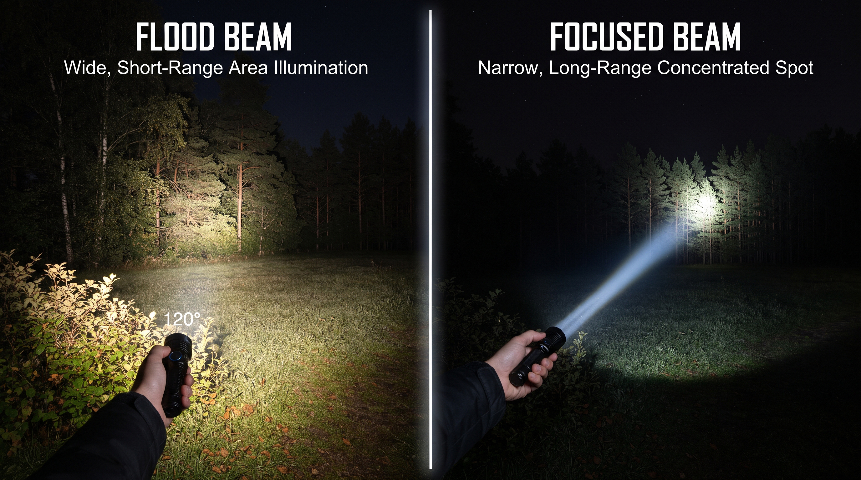 Side-by-side comparison of a flashlight wide flood beam illumination versus a narrow long-range focused spot beam outdoors.