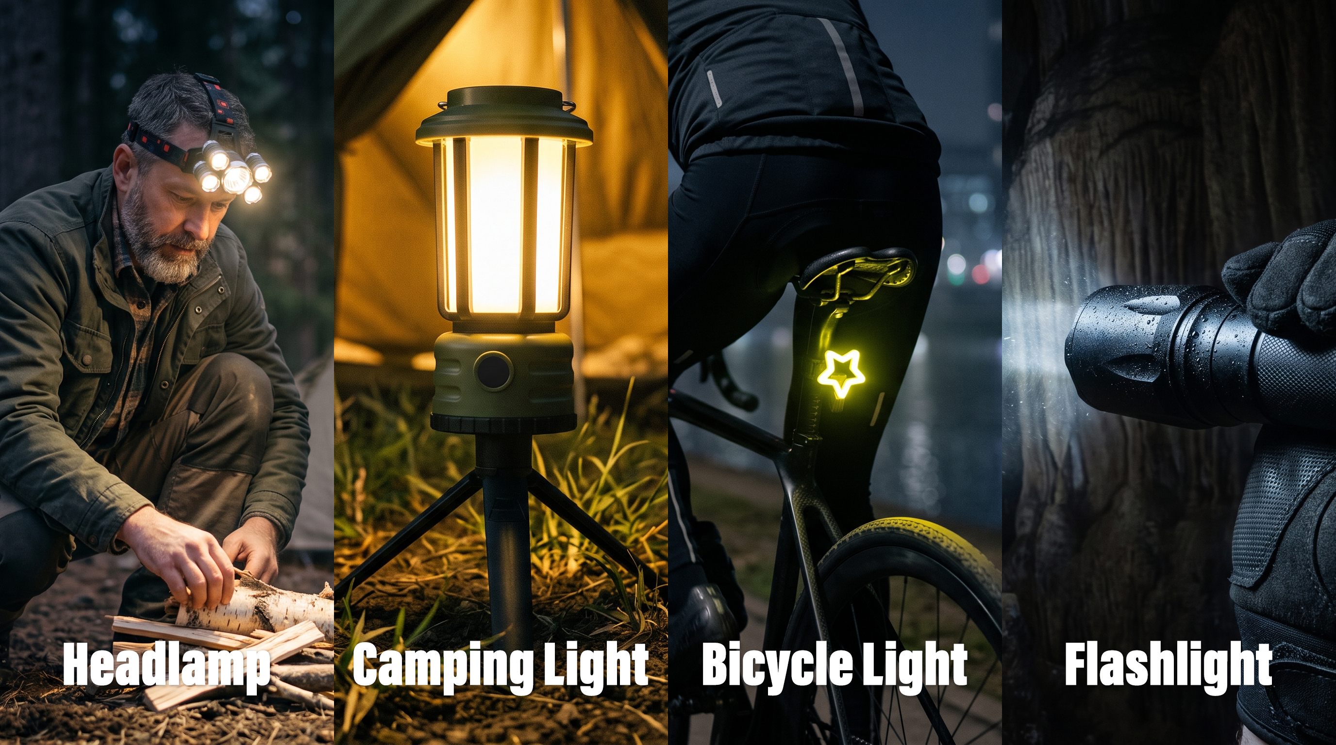 Four-panel collage showing outdoor lighting applications including headlamp, camping lantern, star-shaped bicycle tail light, and tactical flashlight.