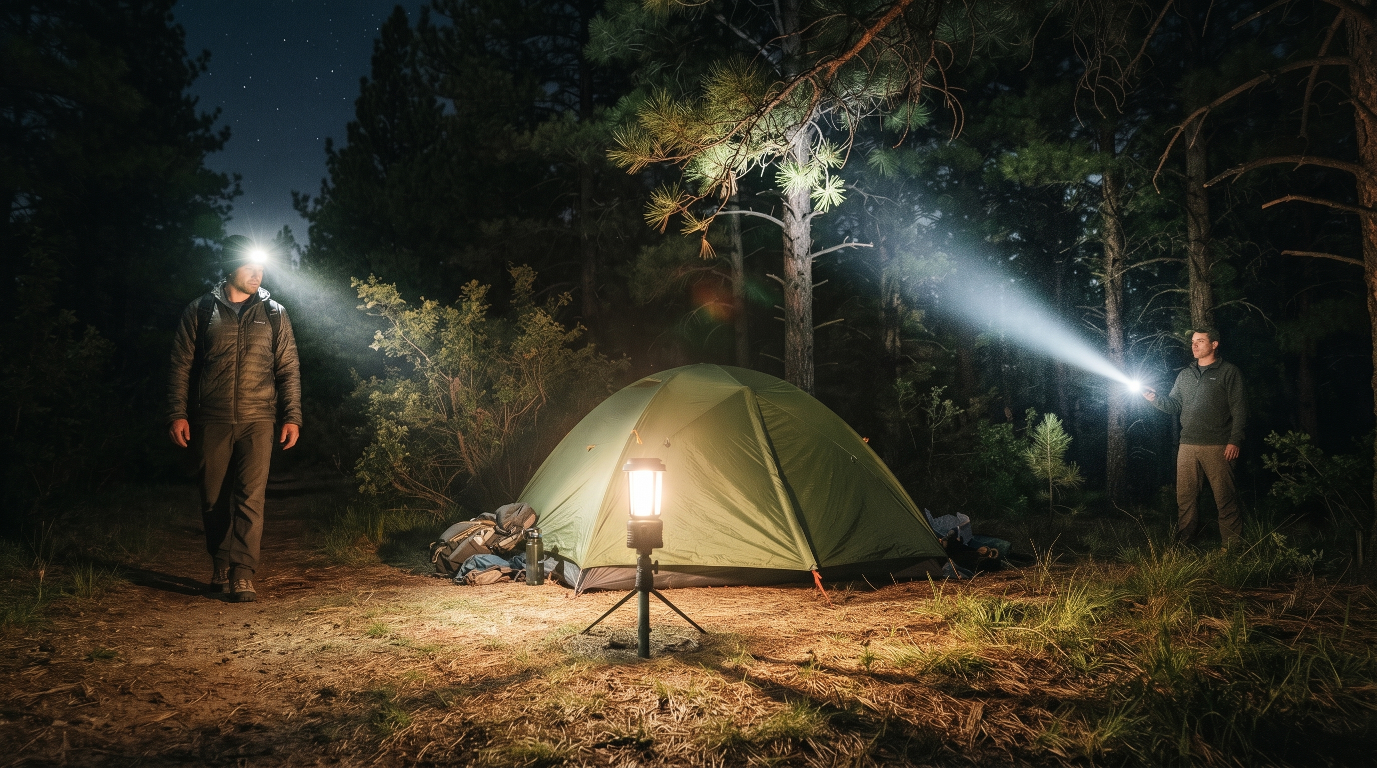 Hikers illuminating a green camping tent in a pine forest at night with an LED lantern, headlamp, and powerful flashlight.