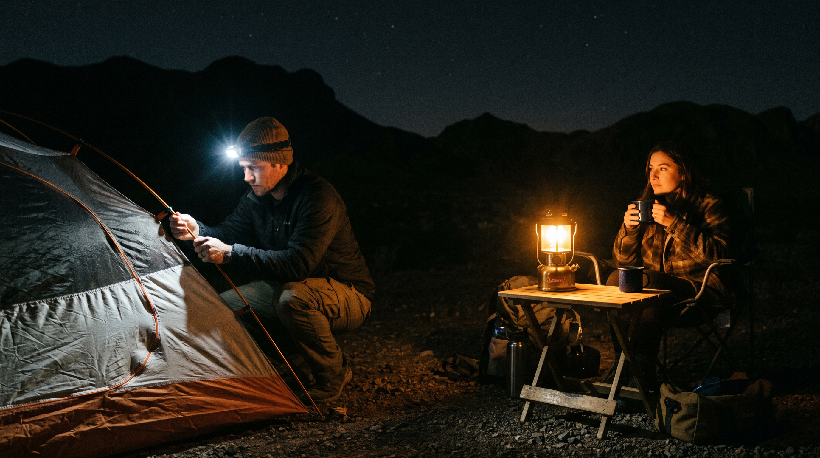 Man wearing an LED headlamp setting up a camping tent at night next to a woman holding a mug beside a glowing vintage lantern.