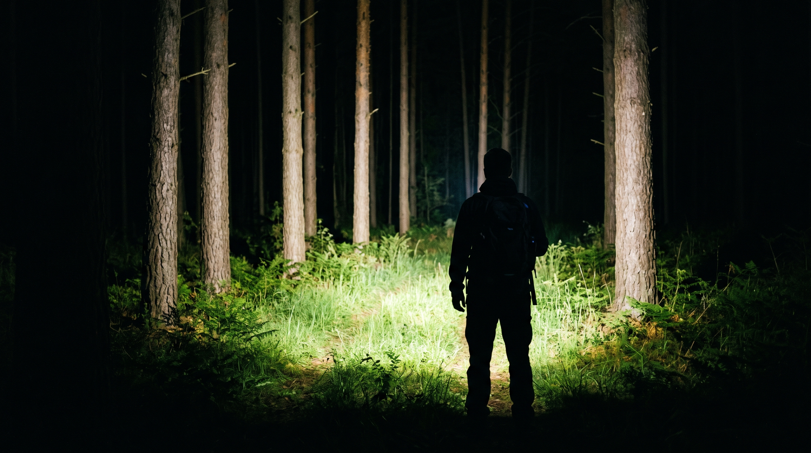 Silhouette of a hiker holding a powerful LED flashlight illuminating a trail through a dark pine forest at night.